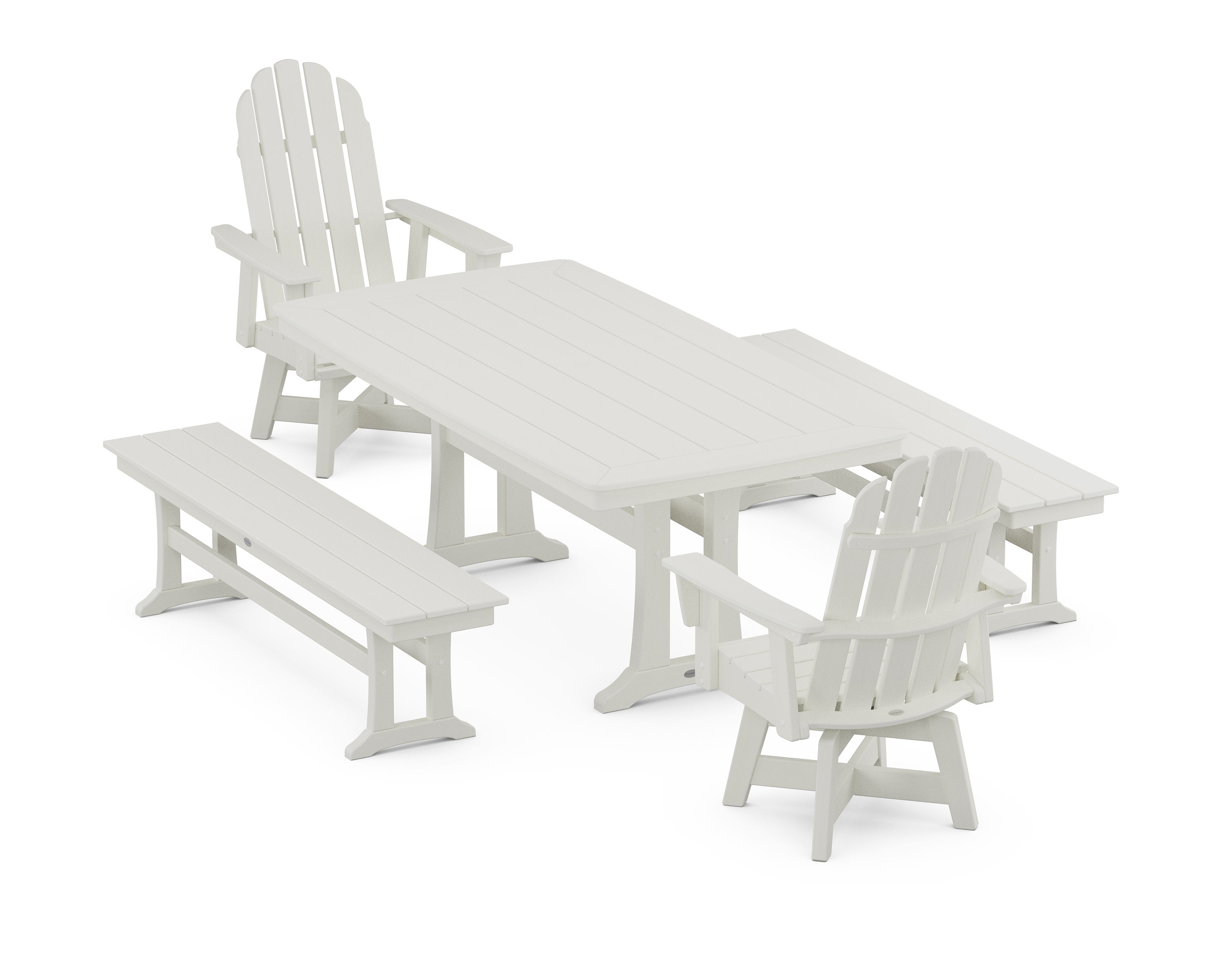 Vineyard Adirondack Swivel Chair 5-Piece Dining Set with Trestle Legs and Benches in Vintage White