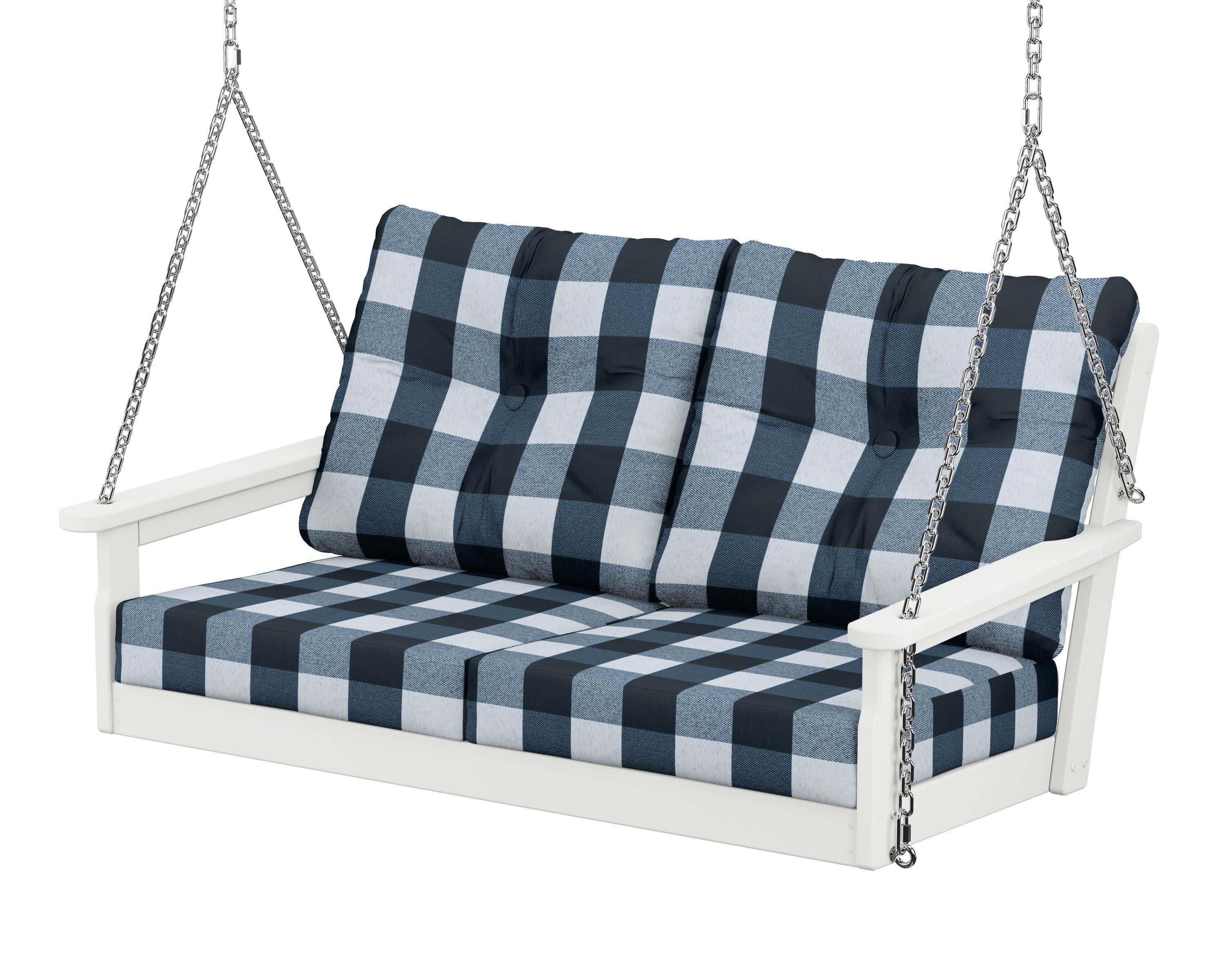 Vineyard Deep Seating Swing in White / Buffalo Plaid Marine Indigo