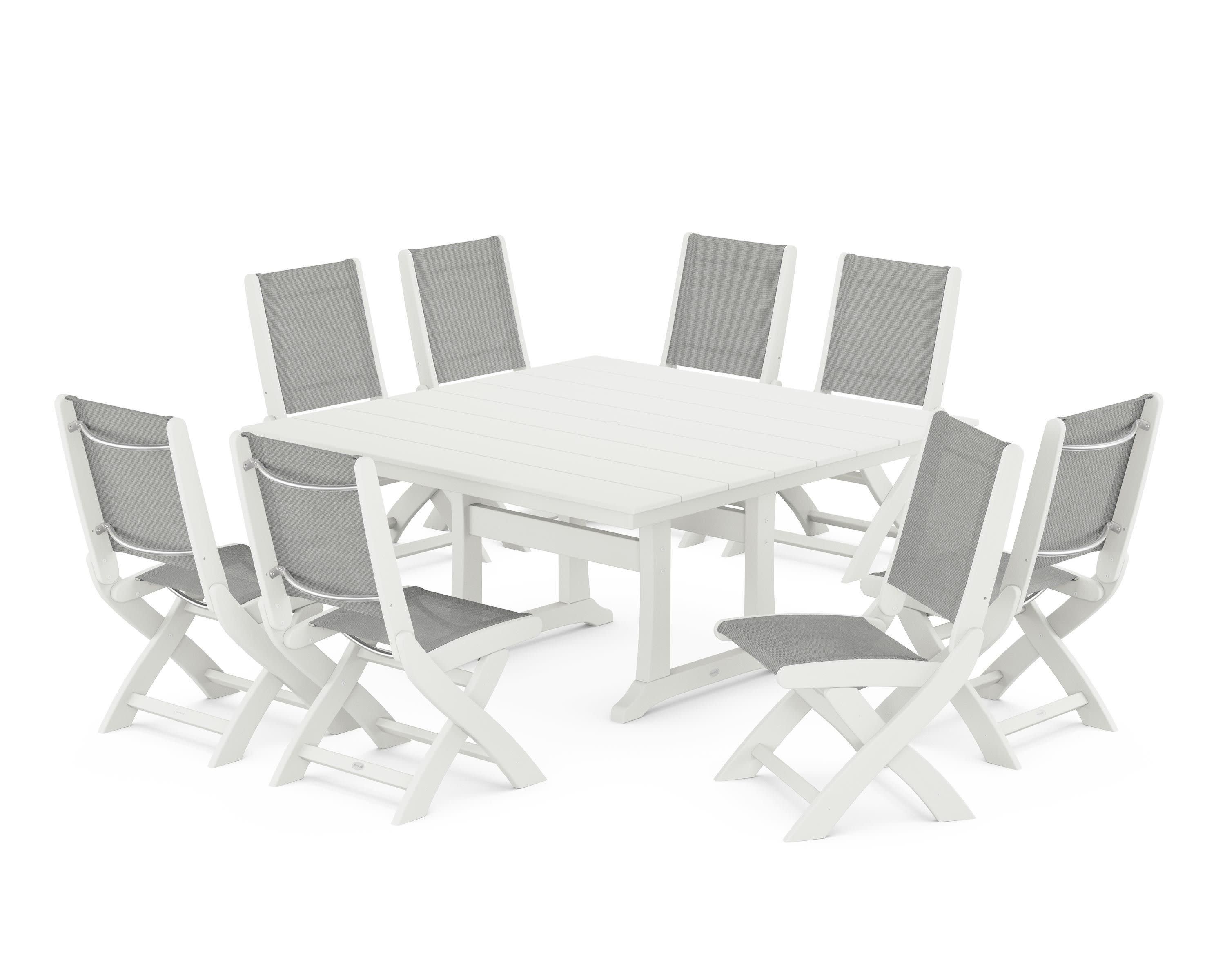 Coastal Folding Side Chair 9-Piece Farmhouse Dining Set in Vintage White / Metallic Sling