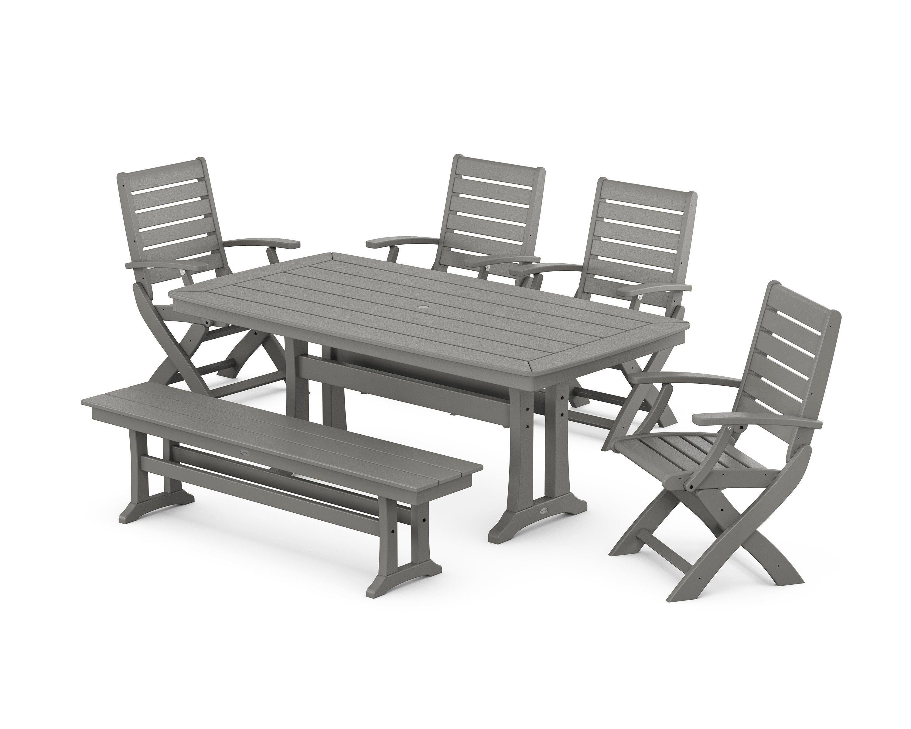 Signature Folding Chair 6-Piece Dining Set with Trestle Legs and Bench in Slate Grey