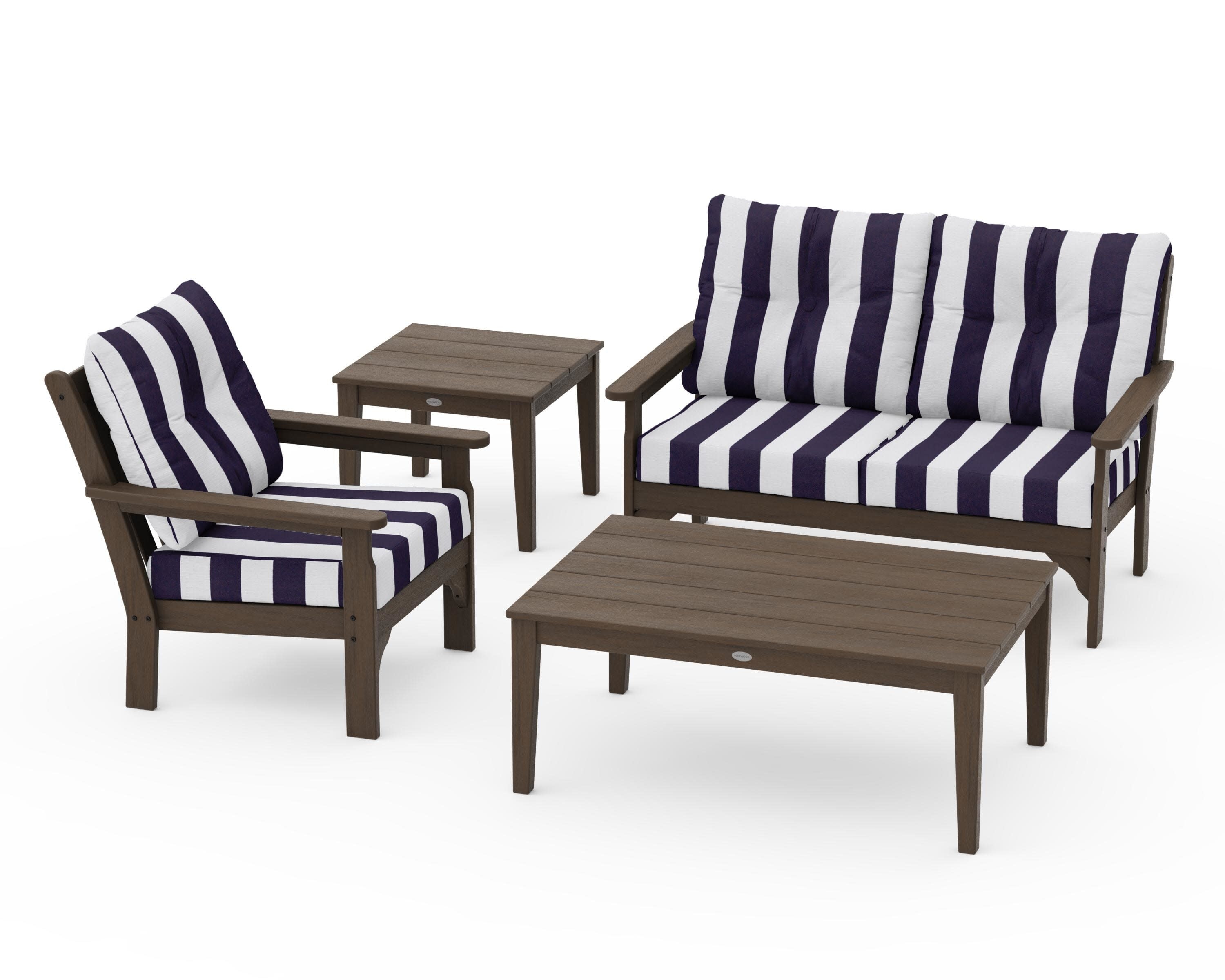Vineyard 4-Piece Deep Seating Set in Kona / Cabana Stripe Navy