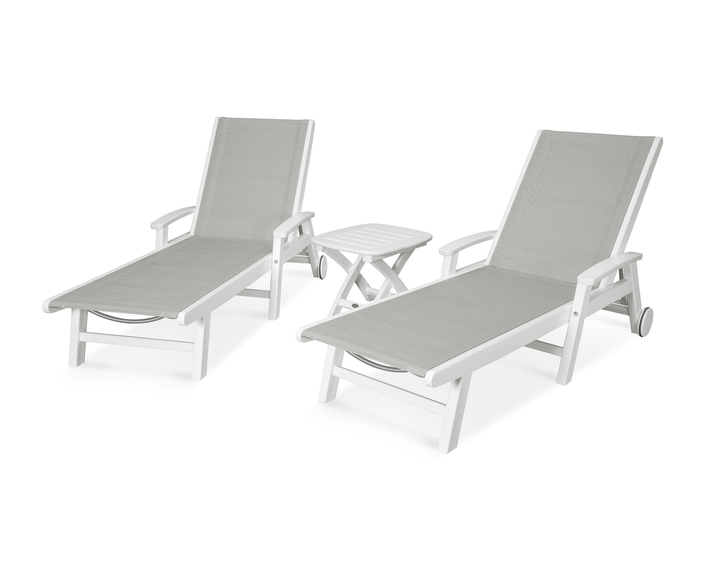 Coastal 3-Piece Wheeled Chaise Set in White / Metallic Sling
