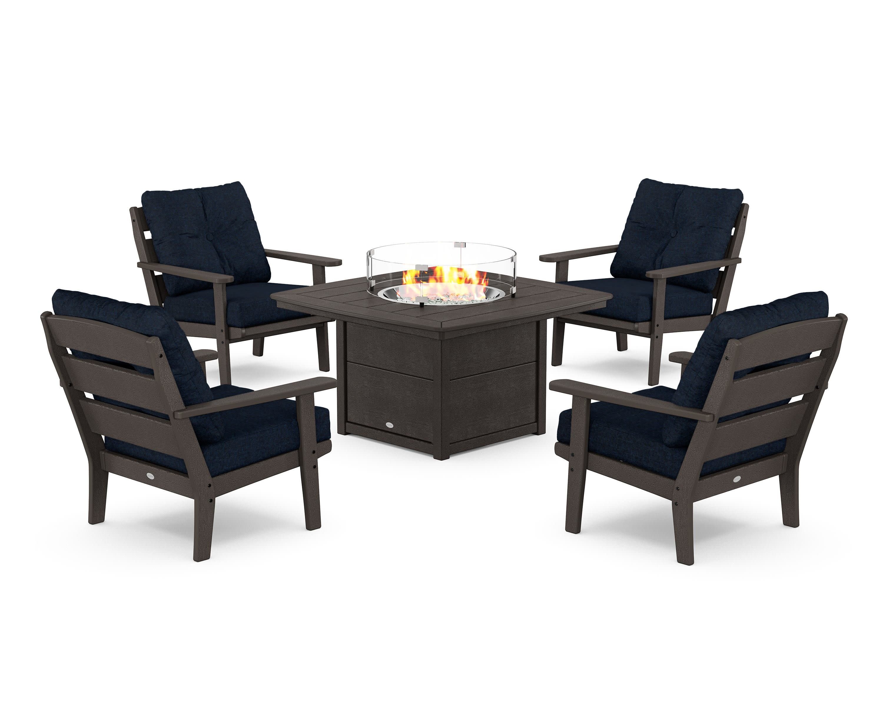 Lakeside 5-Piece Deep Seating Set with Nautical Fire Pit Table in Vintage Coffee / Marine Indigo