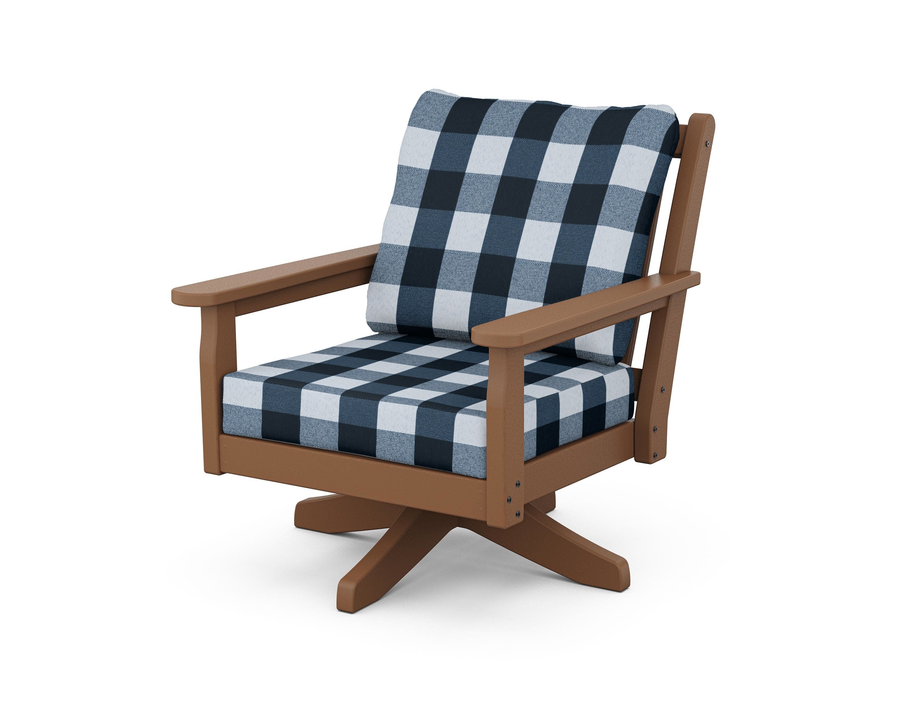 Chippendale Deep Seating Swivel Chair in Teak / Buffalo Plaid Marine Indigo