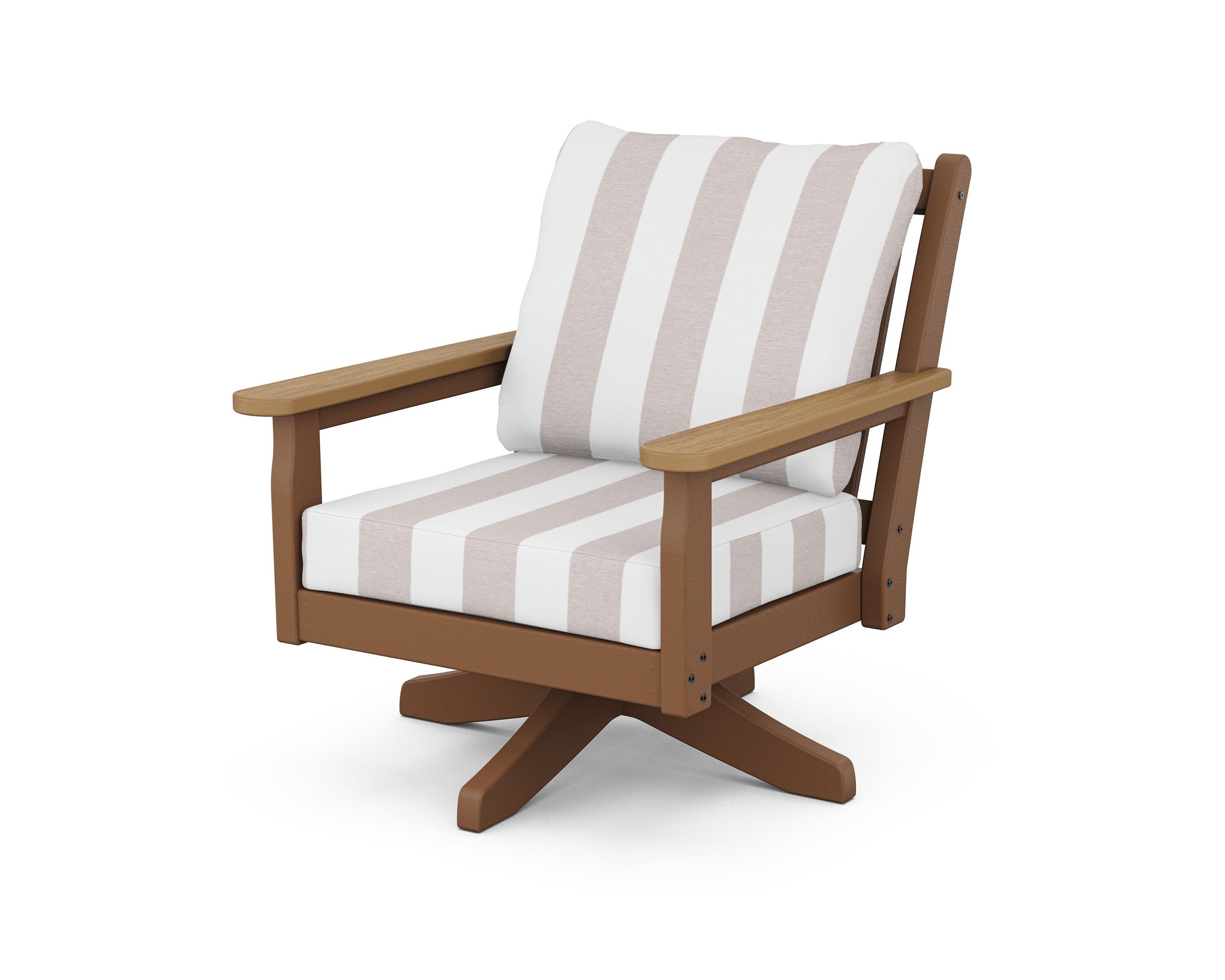 Chippendale Deep Seating Swivel Chair in Teak / Natural / Cabana Stripe Dune Burlap