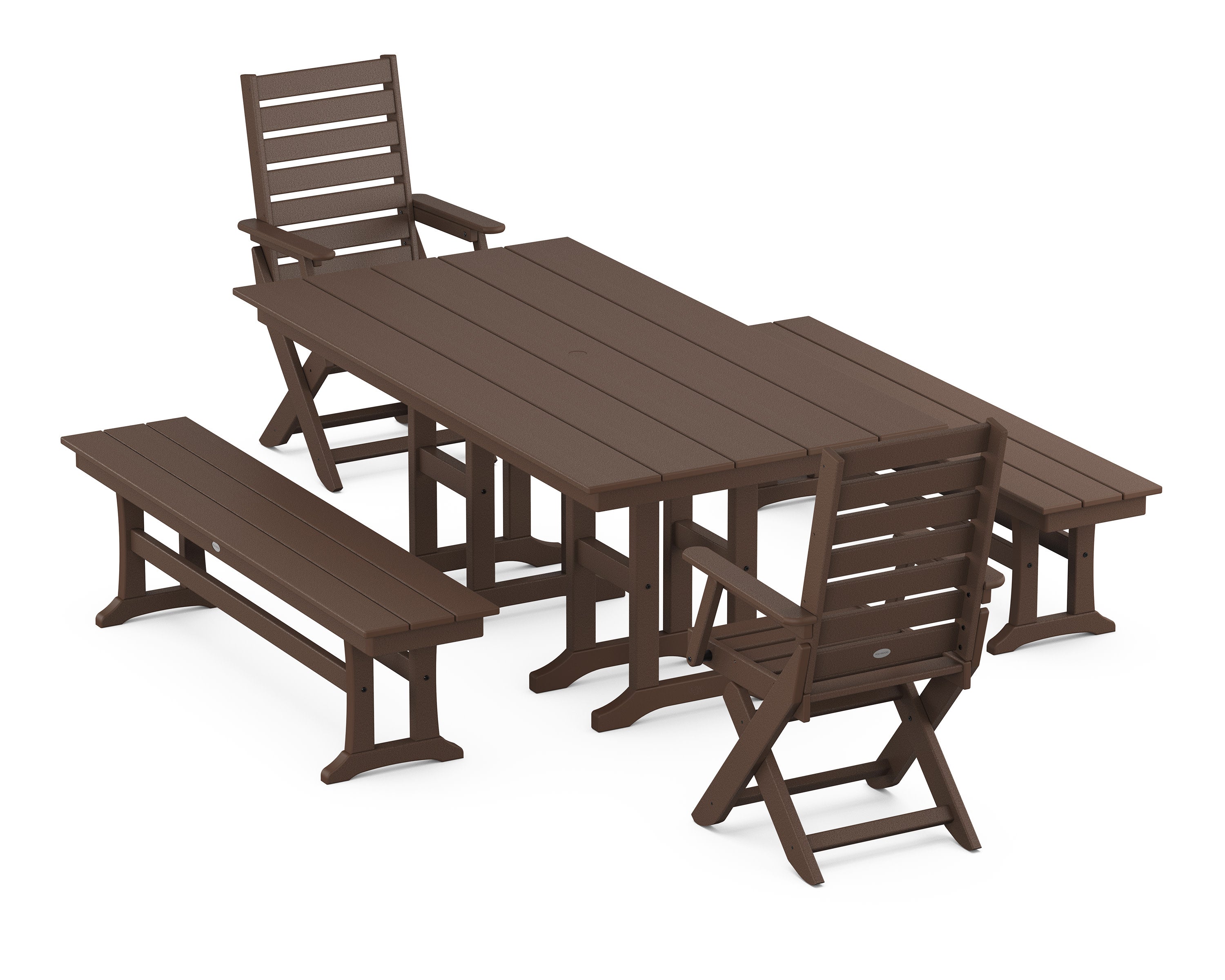 Captain Folding Chair 5-Piece Farmhouse Dining Set with Benches in Mahogany