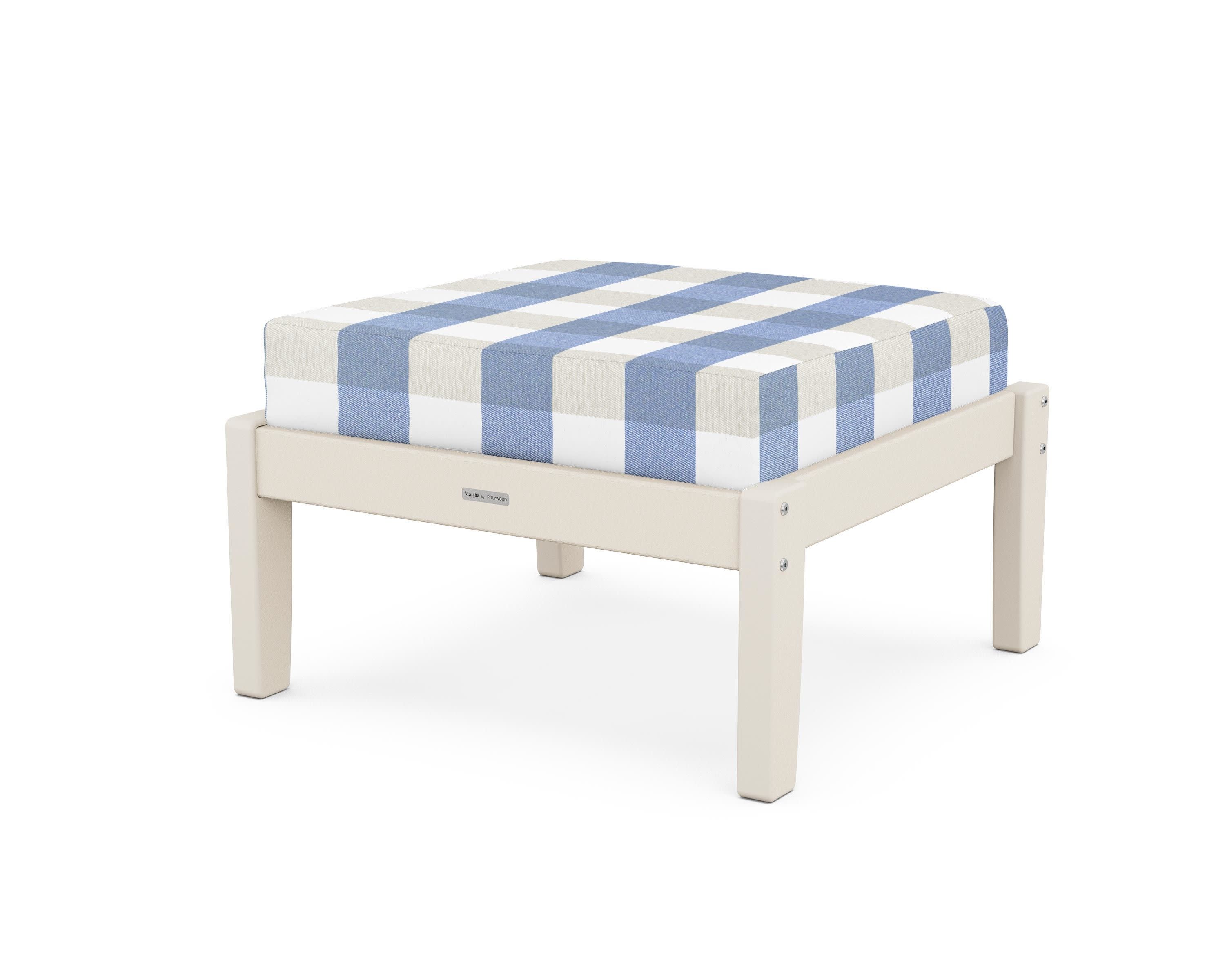 Chinoiserie Deep Seating Ottoman in Sand / Buffalo Plaid Sky Blue
