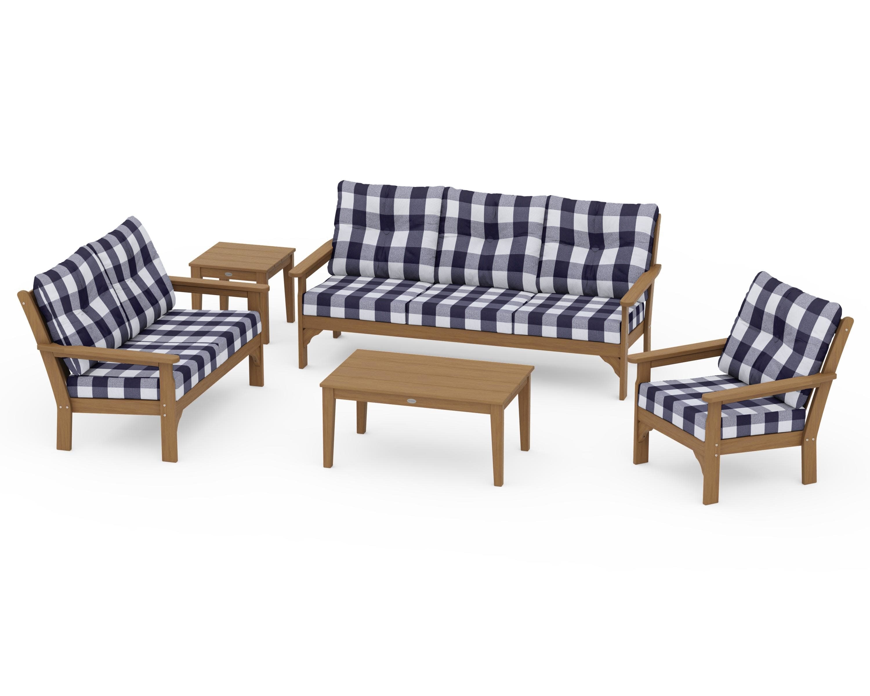 Vineyard 5 Piece Deep Seating Set in Natural / Buffalo Plaid Navy