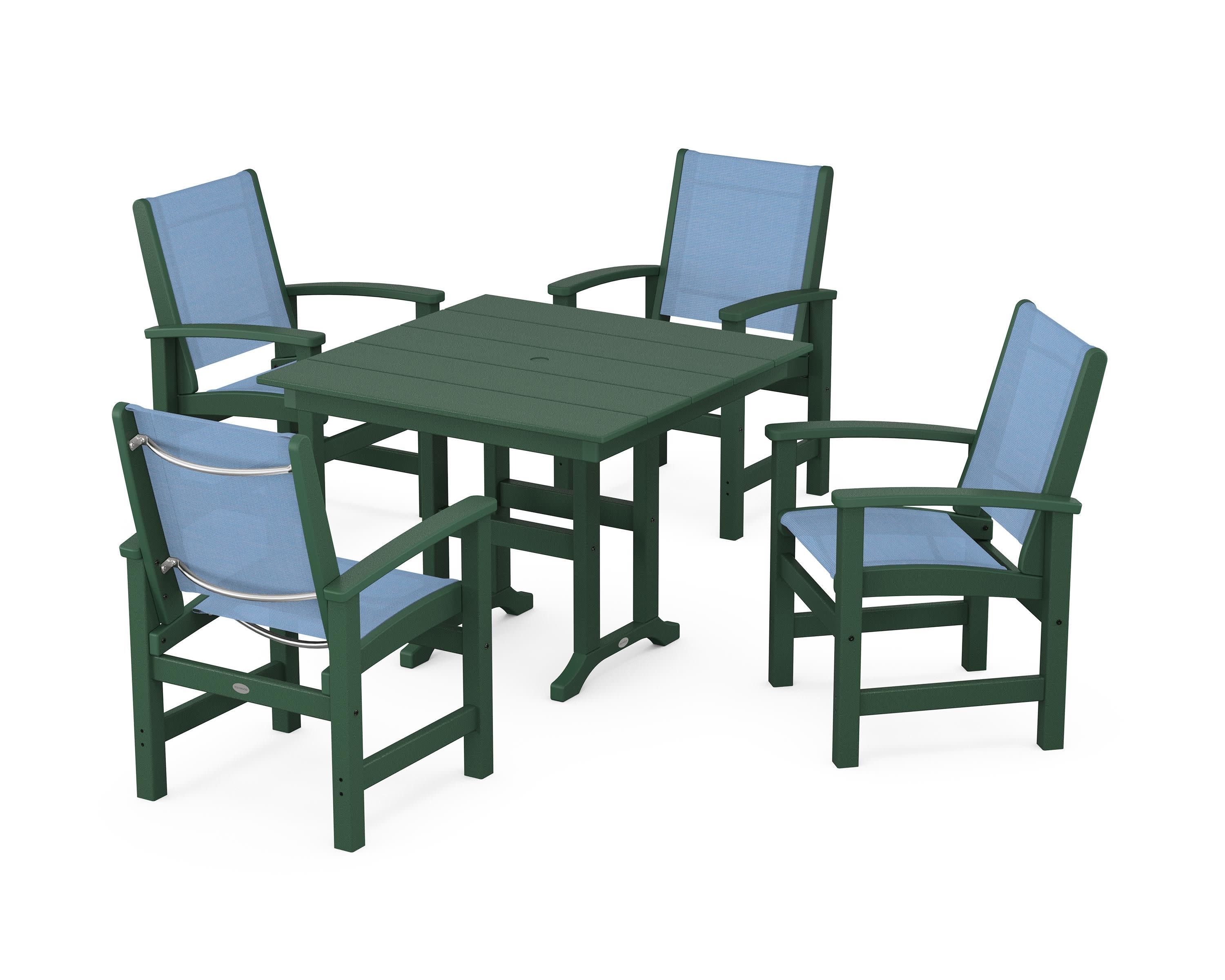 Coastal 5-Piece Farmhouse Dining Set in Green / Poolside Sling