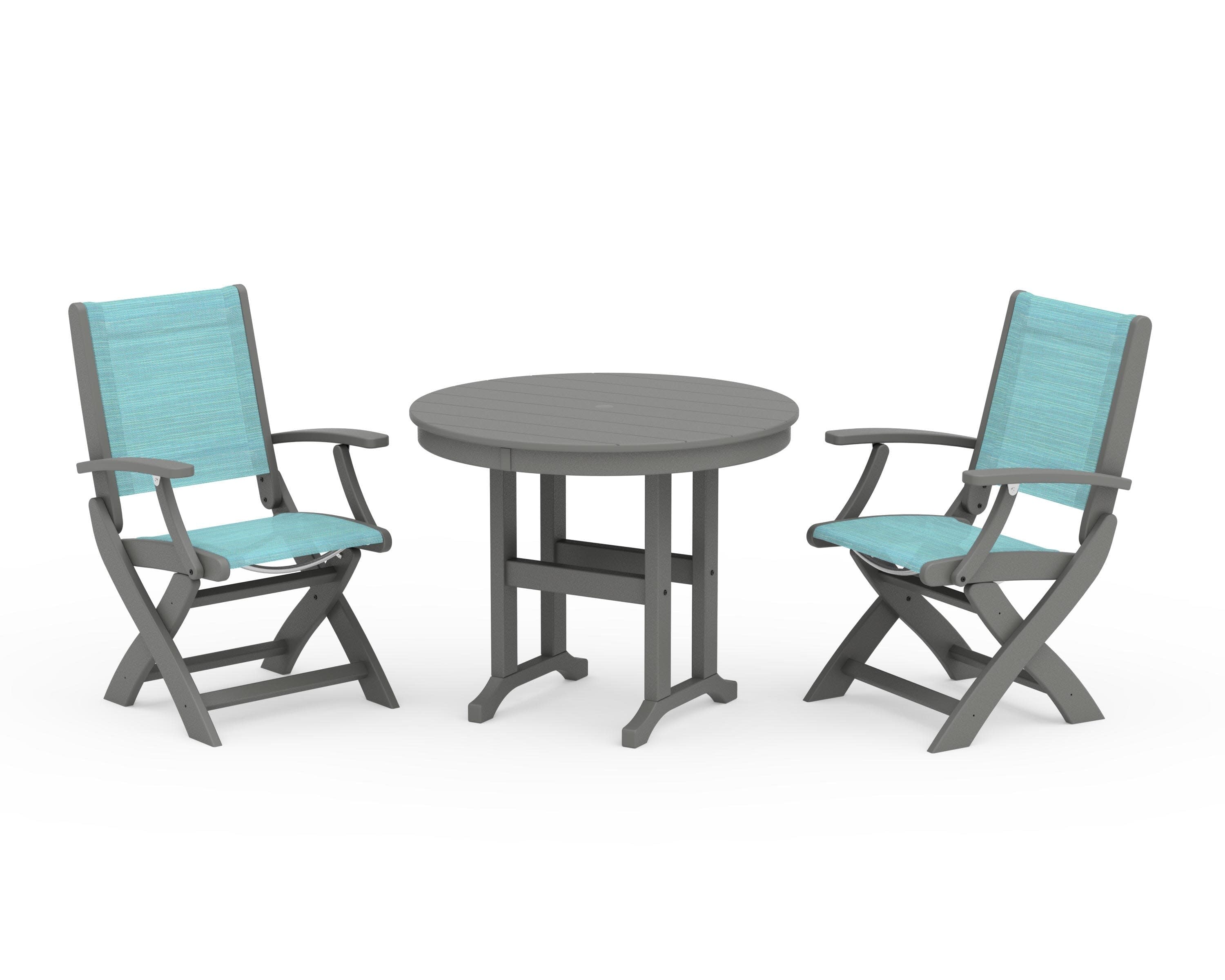 Coastal Folding Chair 3-Piece Round Dining Set in Slate Grey / Dupioni Aquamarine Sling
