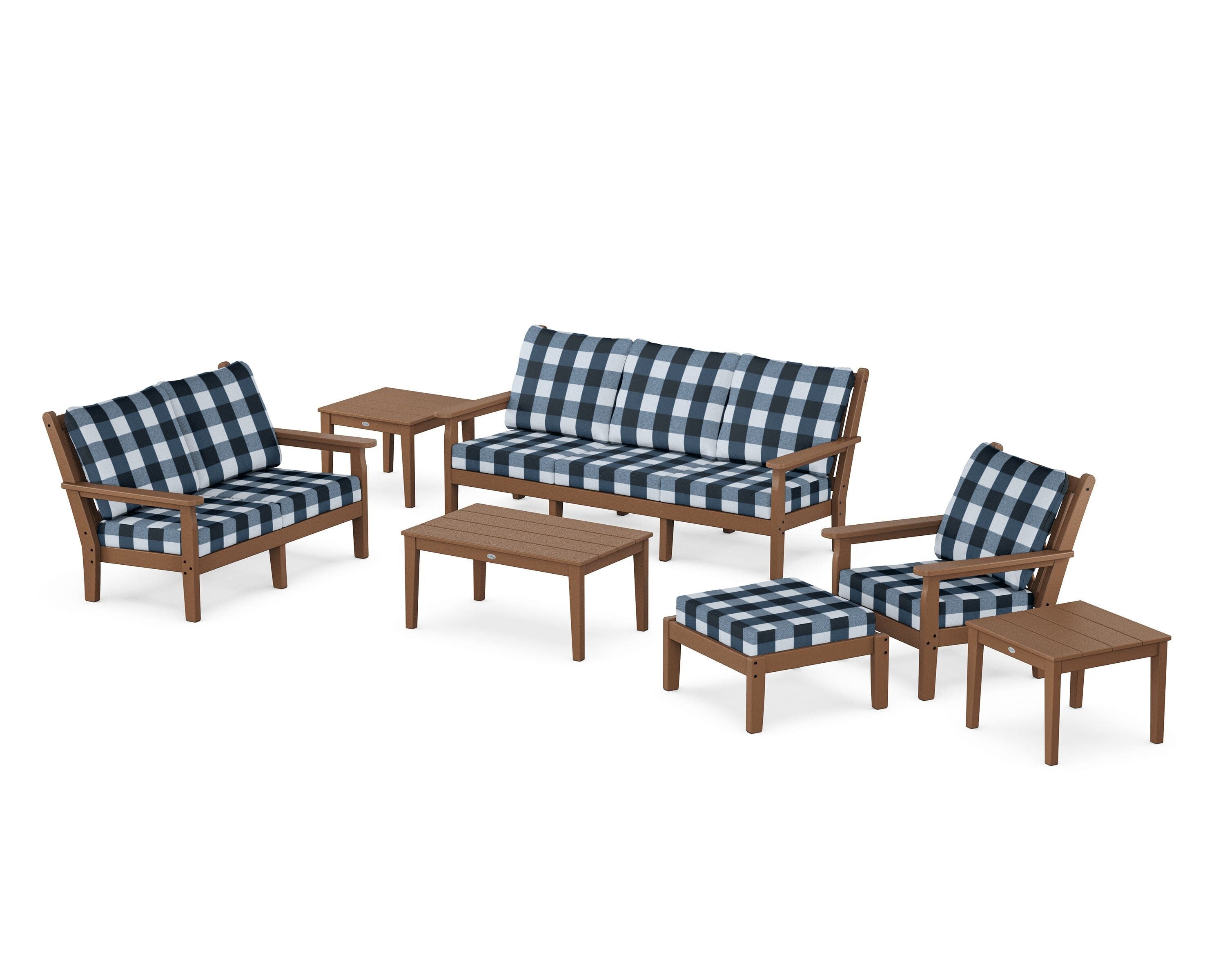 Chippendale 7-Piece Deep Seating Set in Teak / Buffalo Plaid Marine Indigo