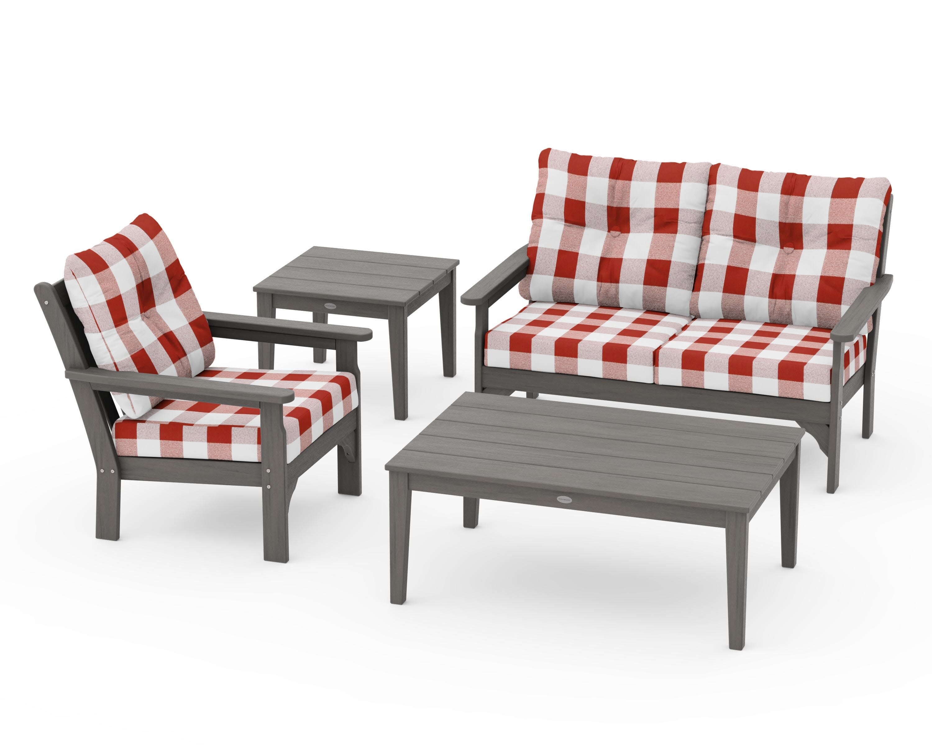 Vineyard 4-Piece Deep Seating Set in Driftwood / Buffalo Plaid Crimson