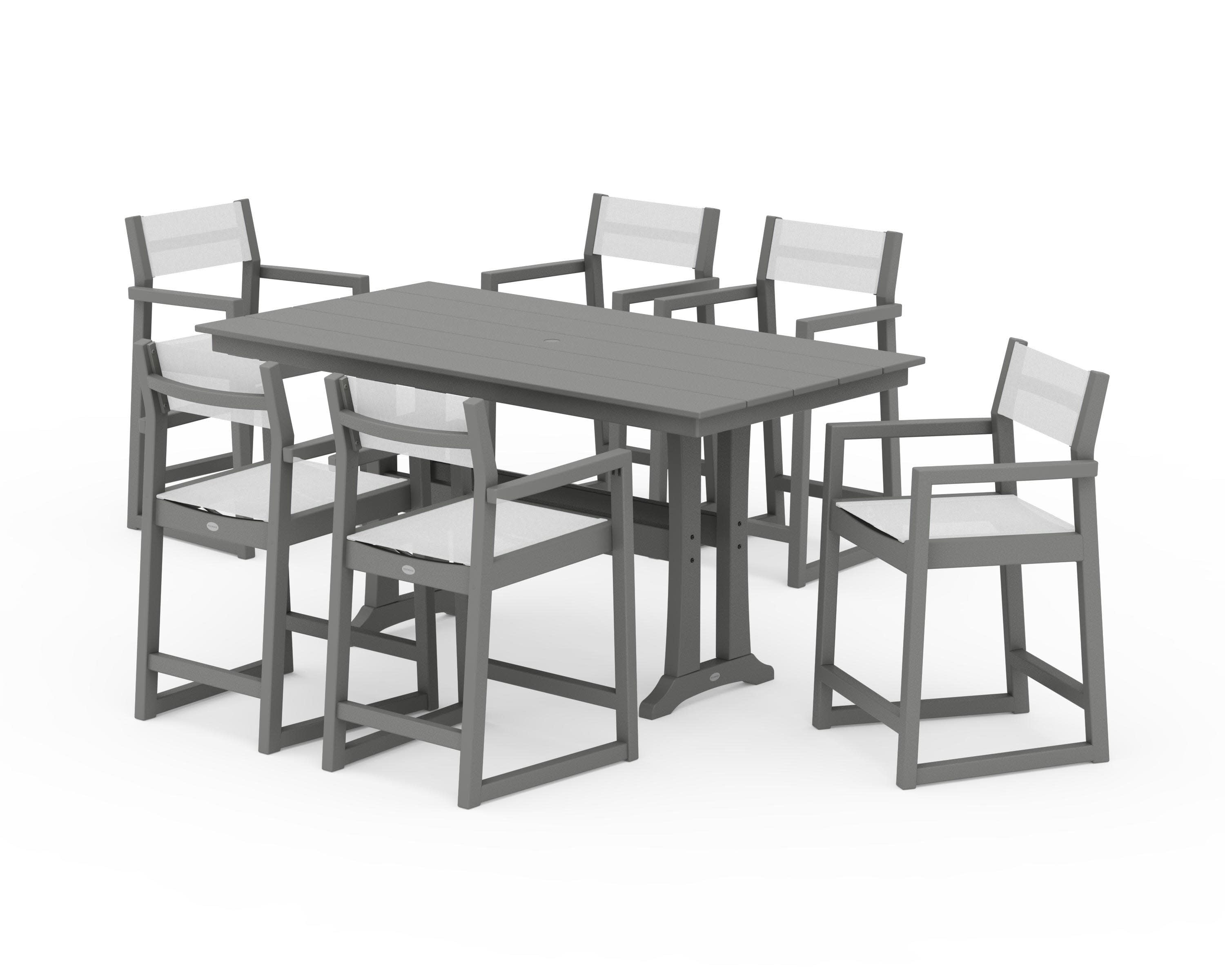 EDGE Sling Arm Chair 7-Piece Farmhouse Counter Set with Trestle Legs in Slate Grey / White Sling