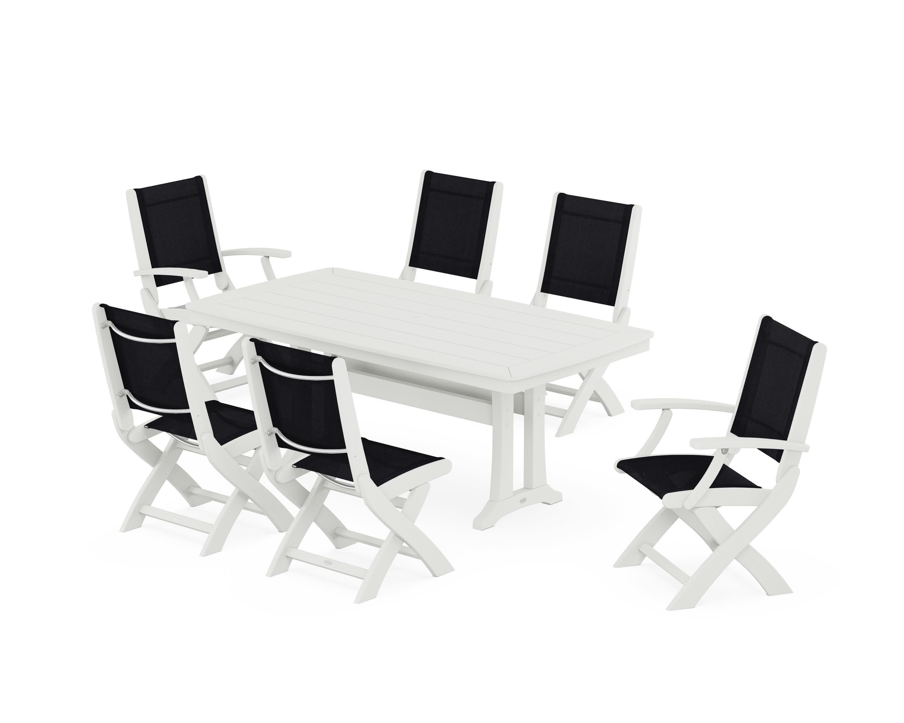 Coastal Folding Chair 7-Piece Dining Set with Trestle Legs in Vintage White / Black Sling