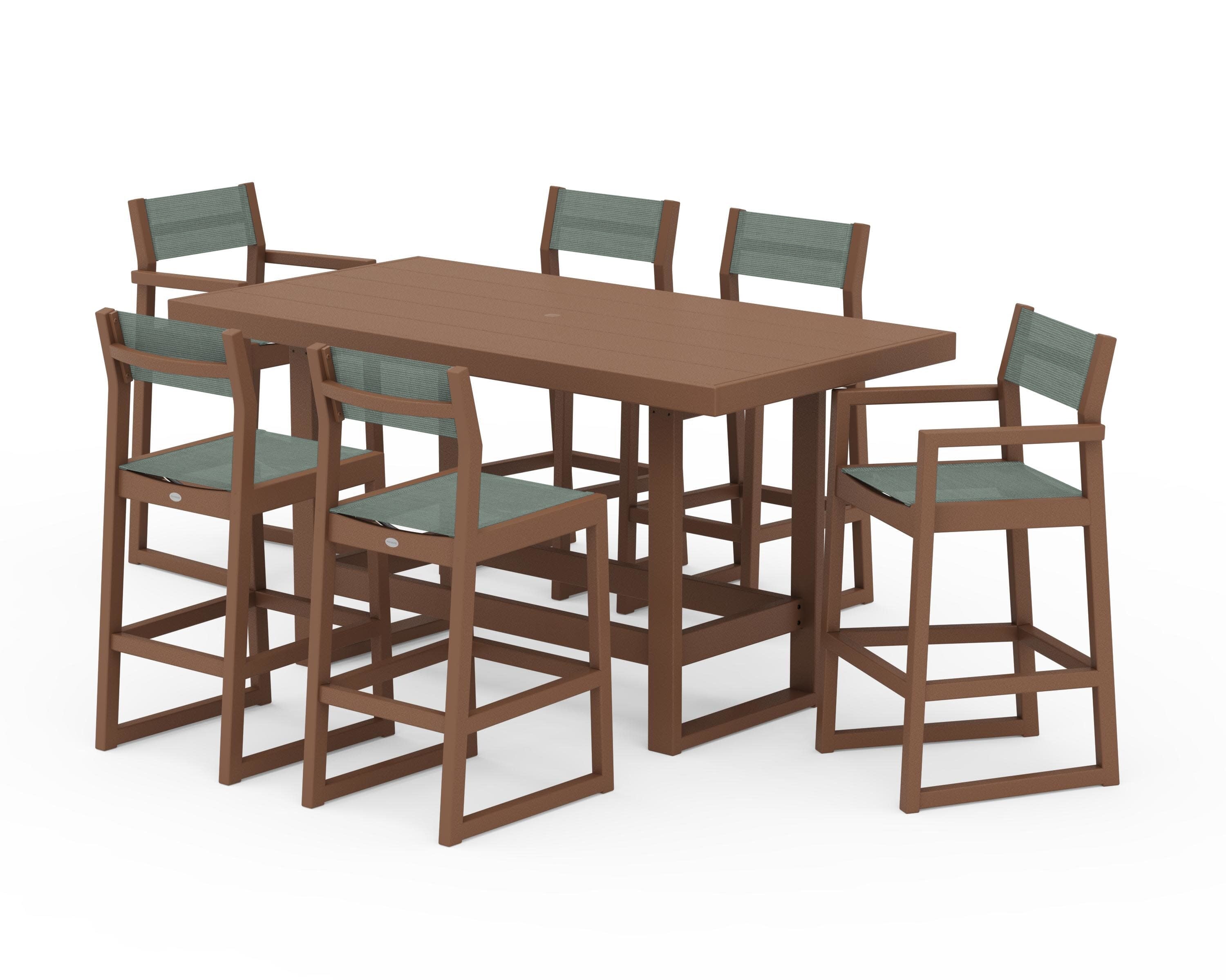 EDGE Sling 7-Piece Bar Table Set in Teak / Dupioni Sea Mist Sling
