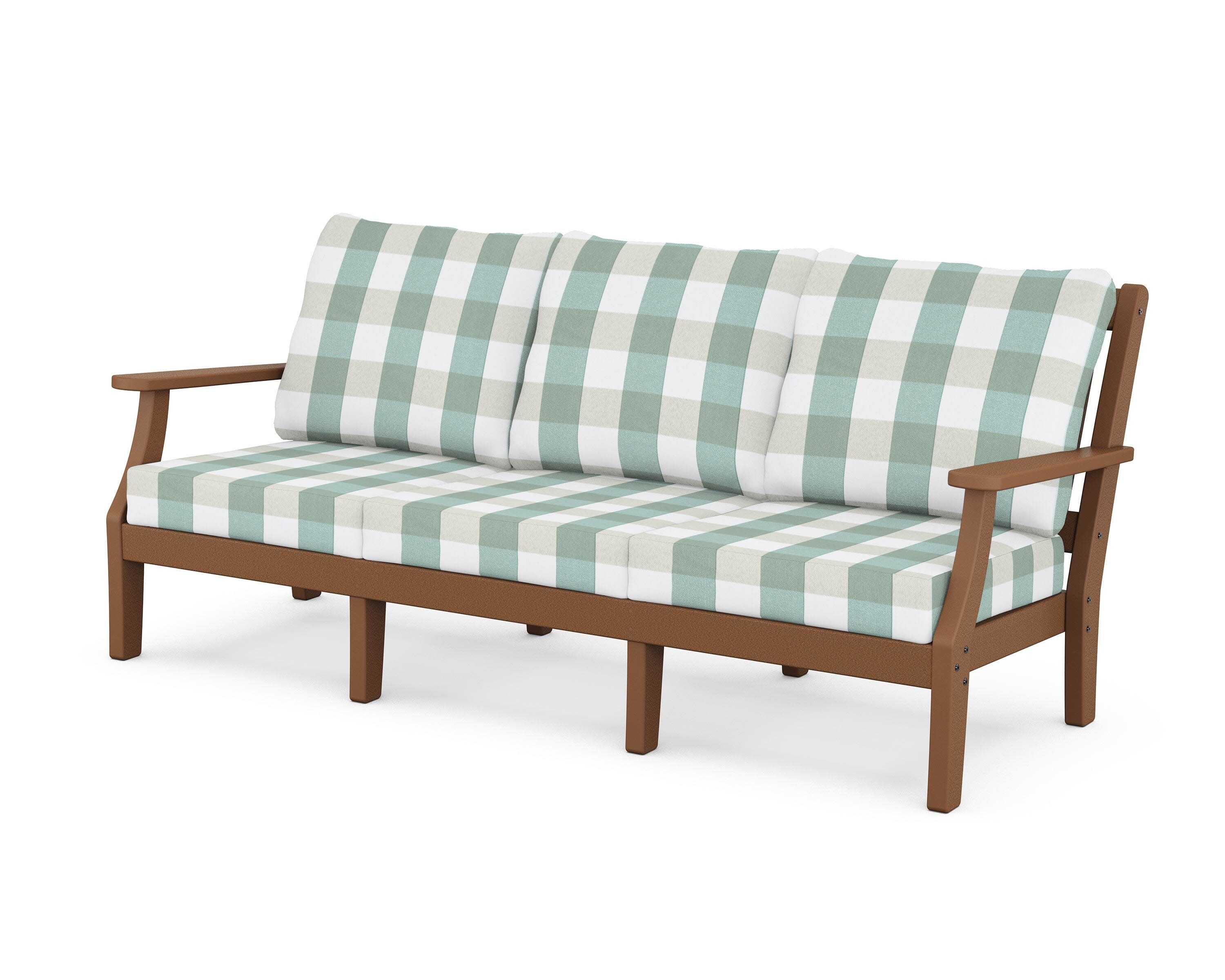 Chinoiserie Deep Seating Sofa in Teak / Buffalo Plaid Glacier Spa
