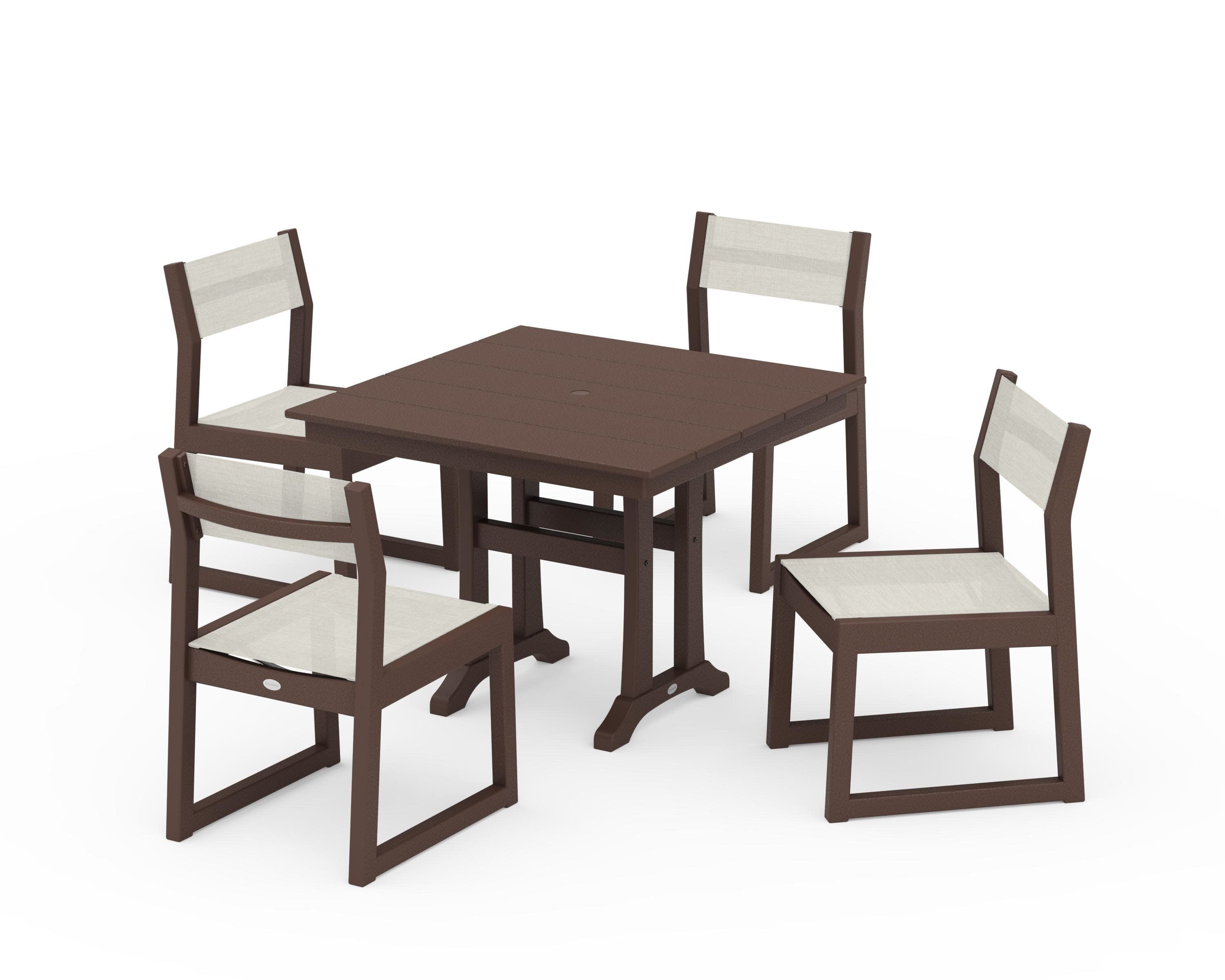 EDGE Sling 5-Piece Farmhouse Trestle Side Chair Dining Set in Mahogany / Parchment Sling