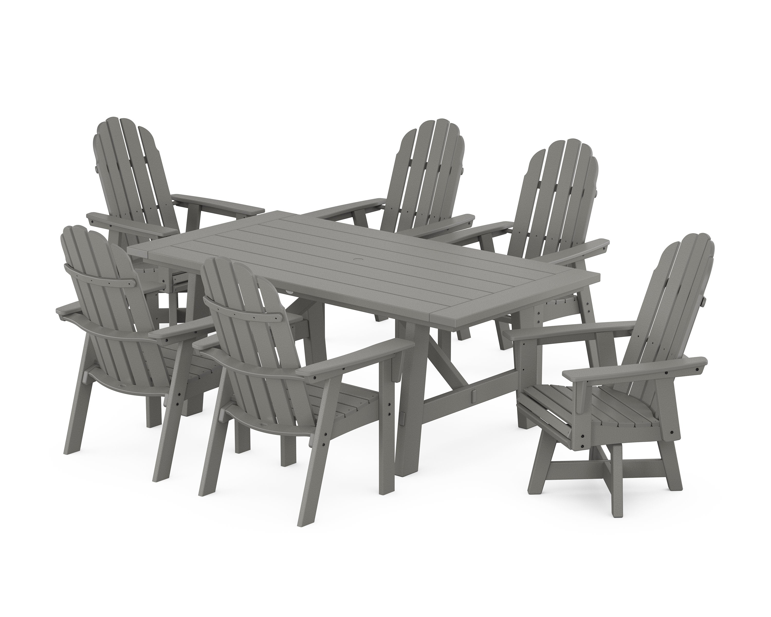Vineyard Curveback Adirondack Swivel Chair 7-Piece Rustic Farmhouse Dining Set in Slate Grey