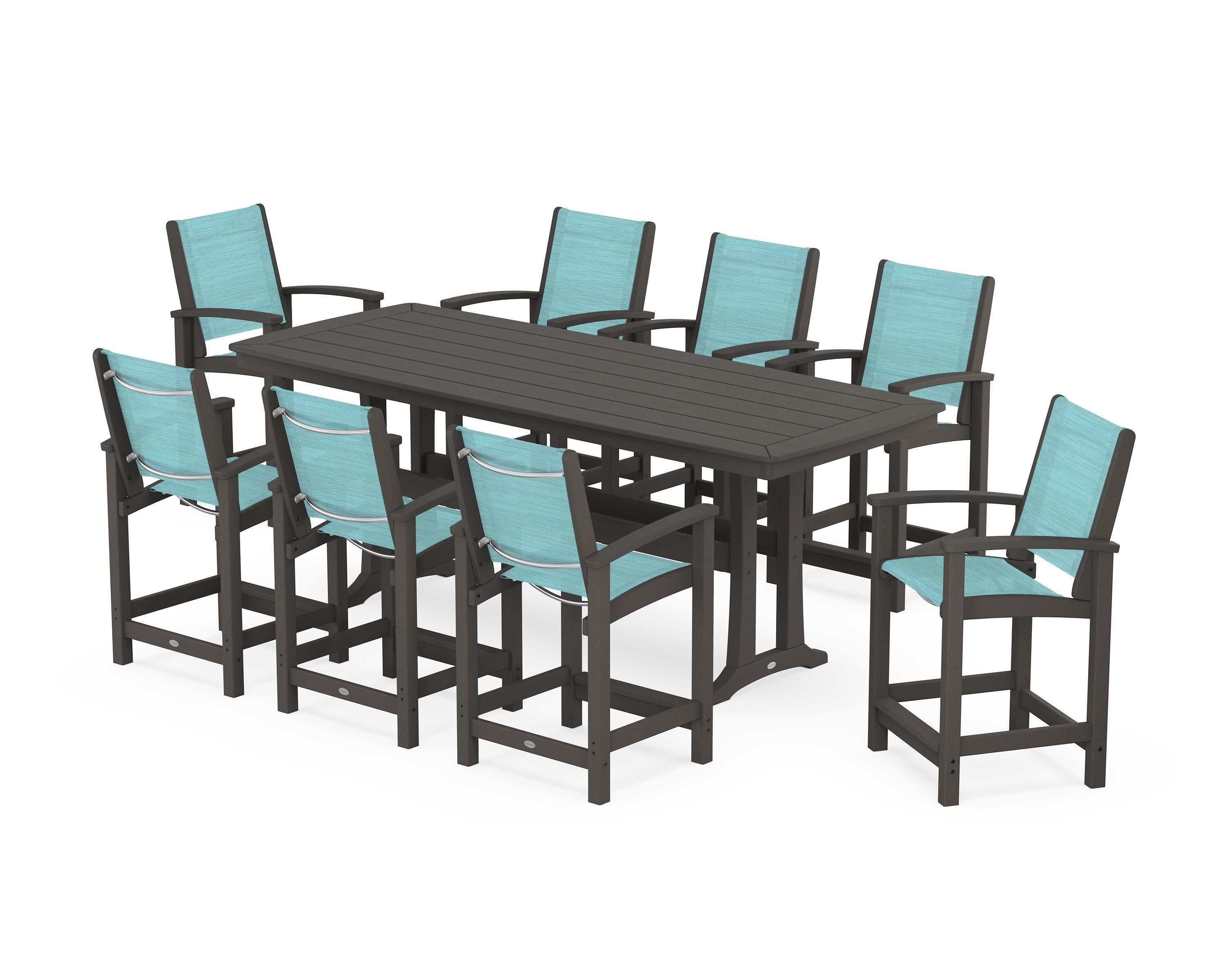 Coastal 9-Piece Counter Set with Trestle Legs in Vintage Coffee / Dupioni Aquamarine Sling