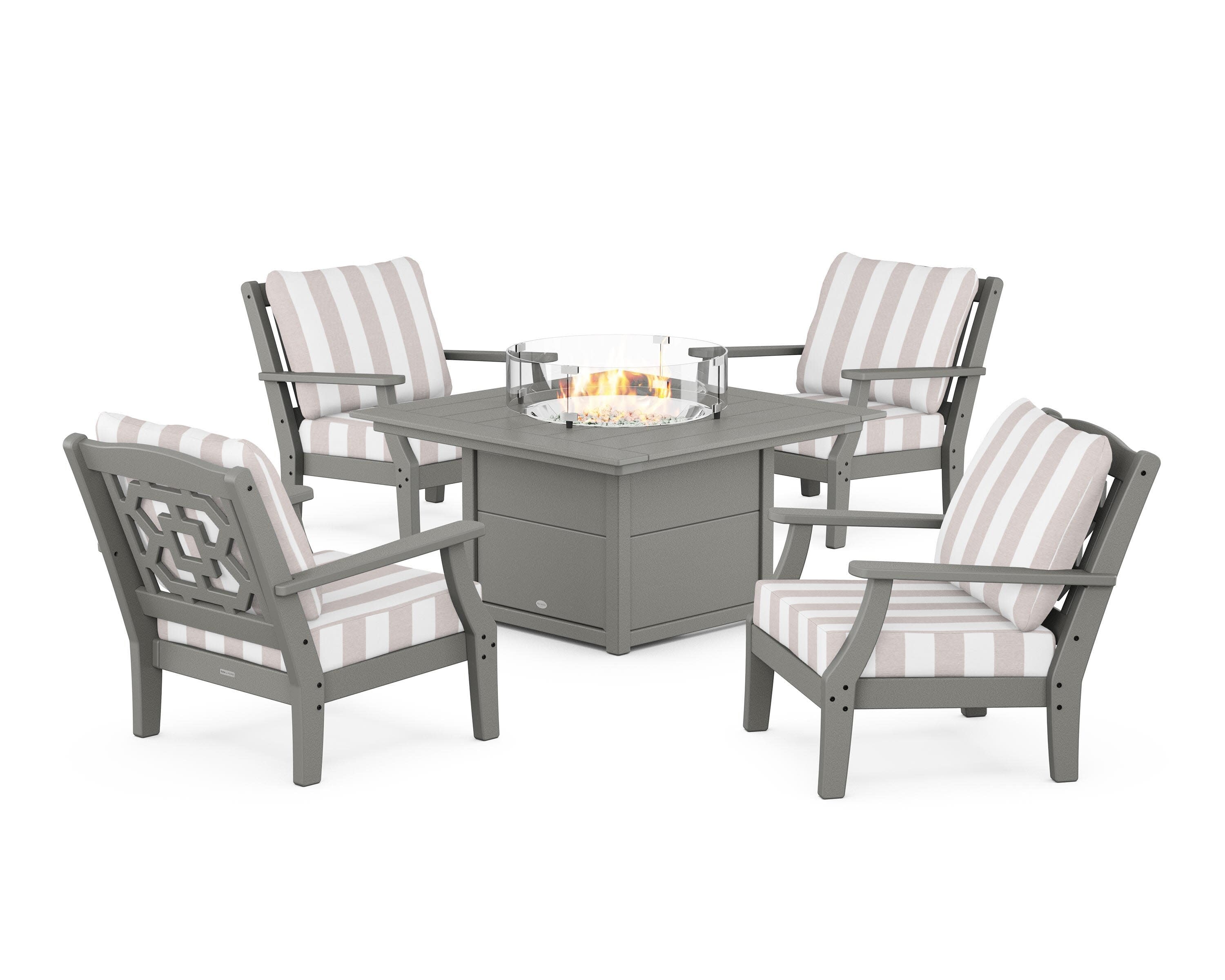 Chinoiserie 5-Piece Deep Seating Set with Fire Pit Table in Slate Grey / Cabana Stripe Dune Burlap