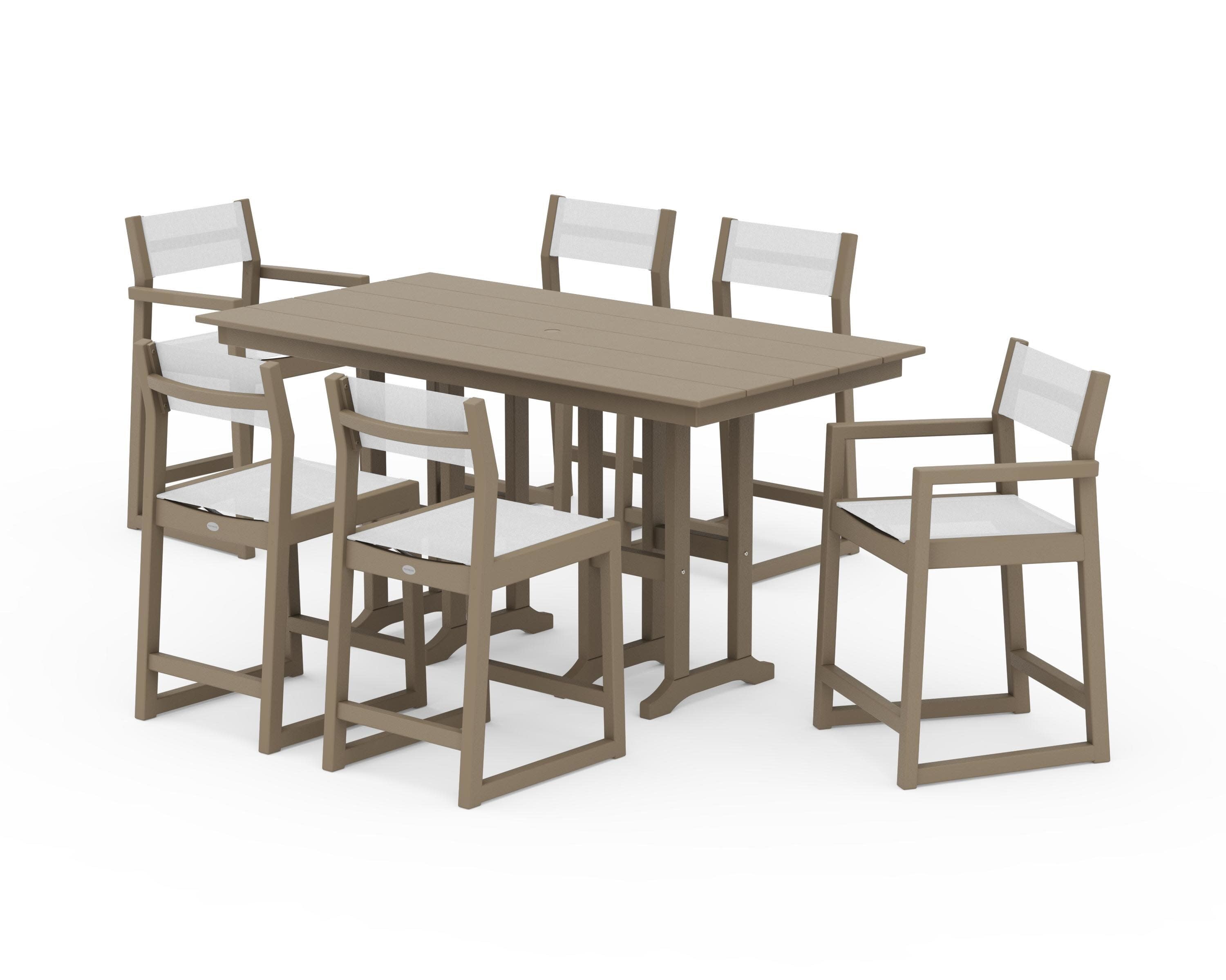 EDGE Sling 7-Piece Farmhouse Counter Set with Trestle Legs in Vintage Sahara / White Sling
