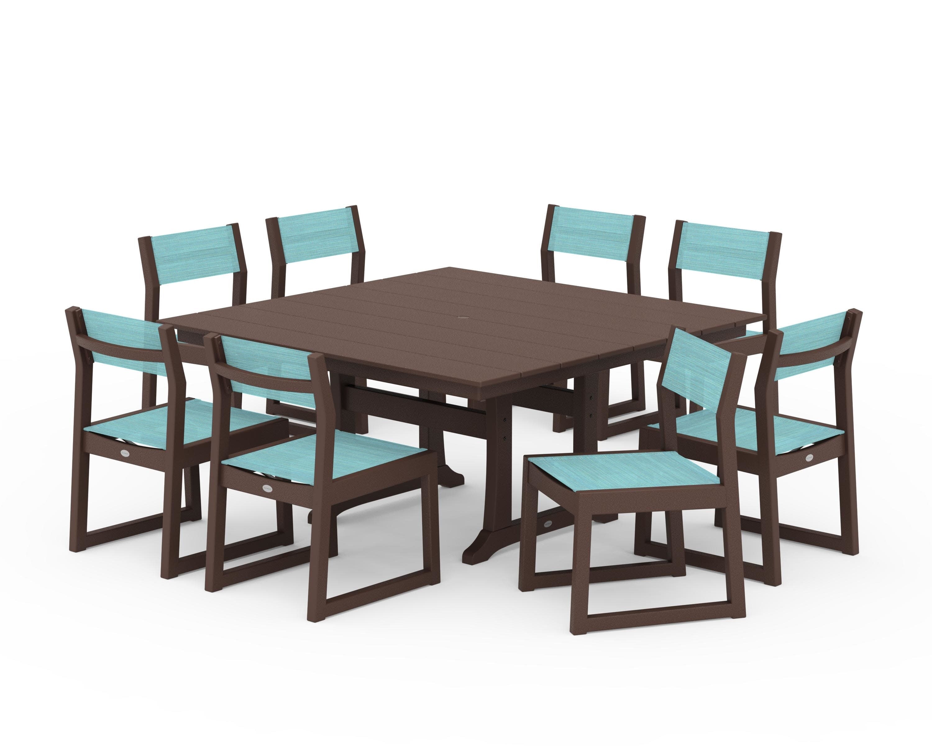 EDGE Sling Side Chair 9-Piece Farmhouse Trestle Dining Set in Mahogany / Dupioni Aquamarine Sling