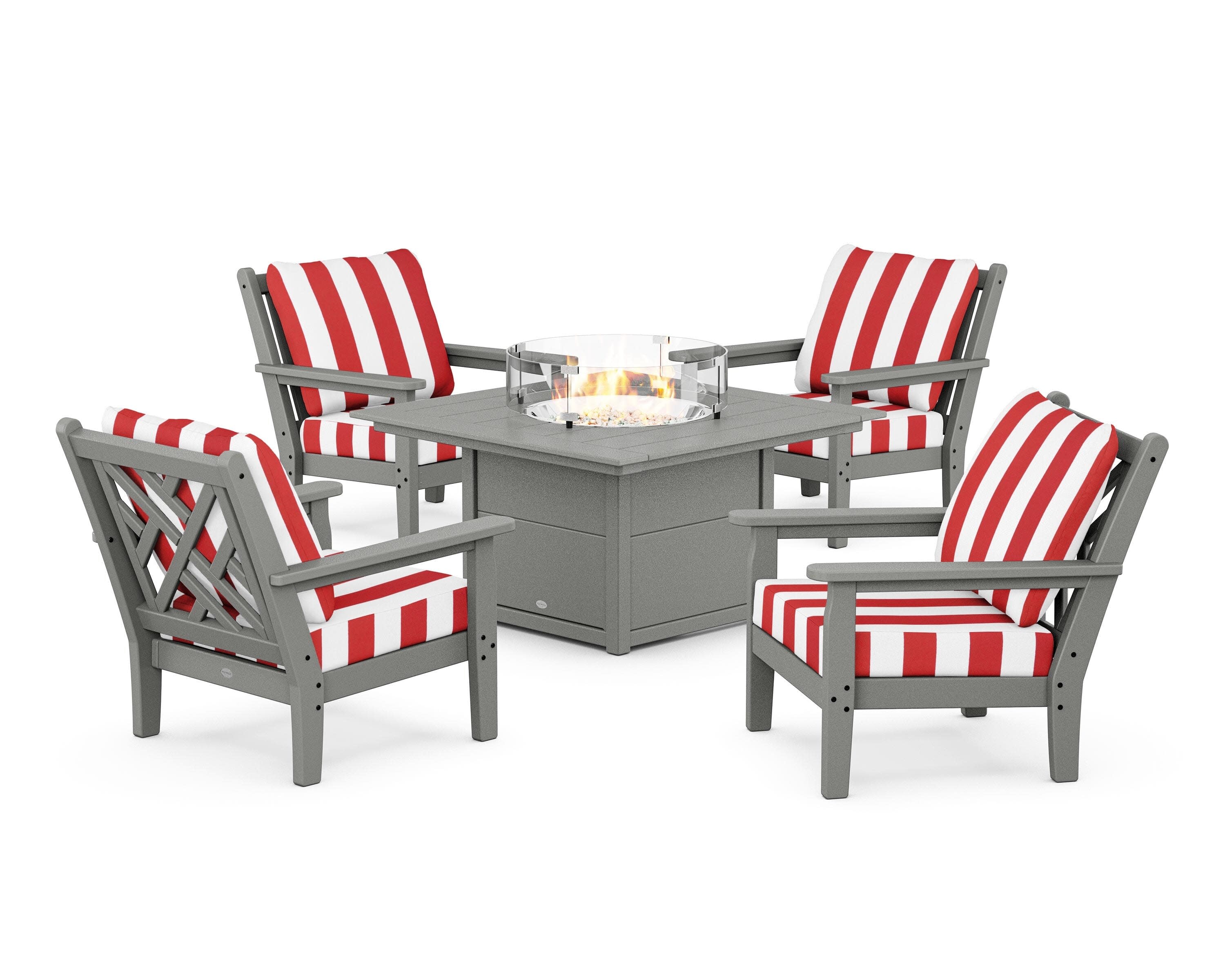 Chippendale 5-Piece Deep Seating Set with Fire Pit Table in Slate Grey / Cabana Stripe Crimson