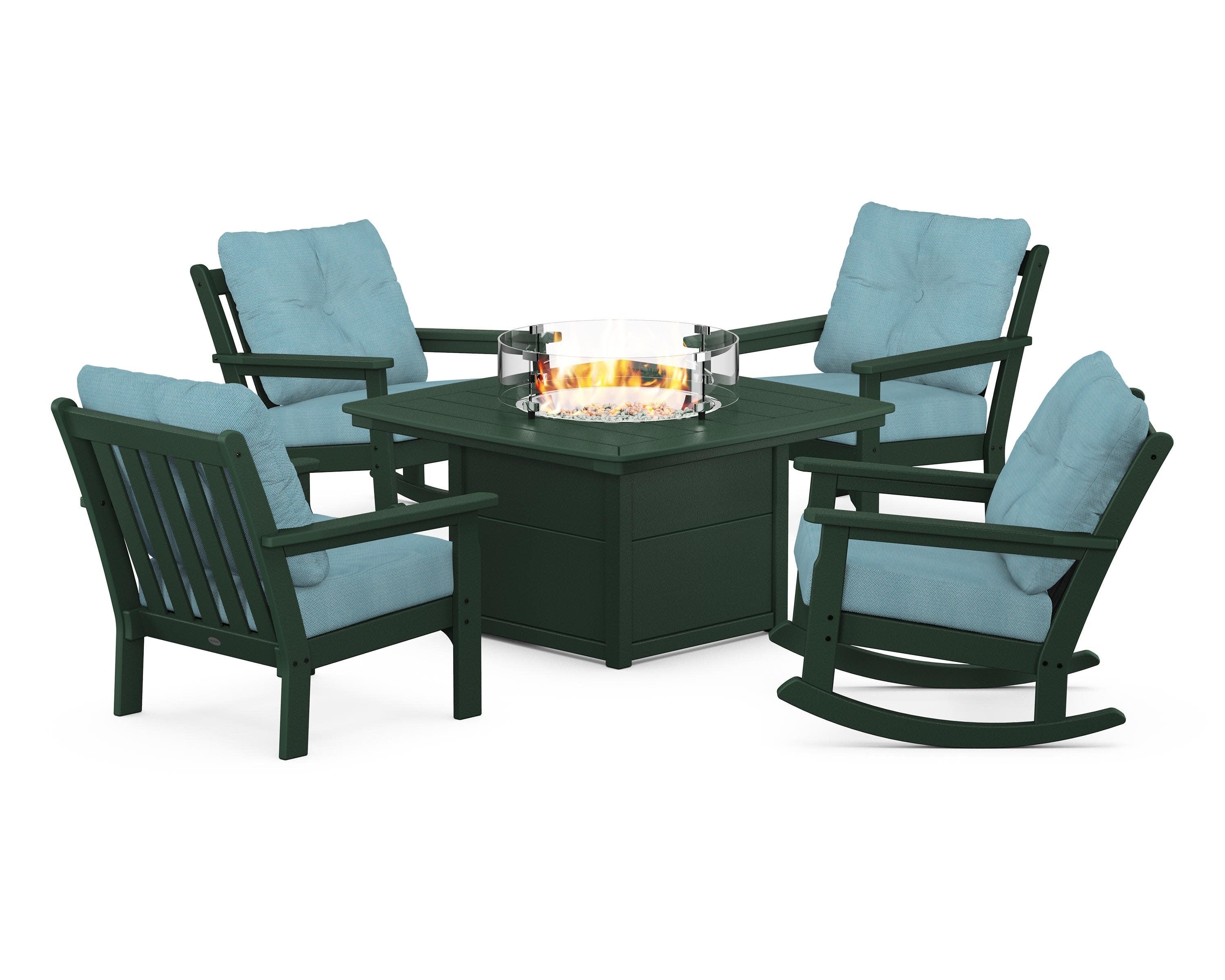 Vineyard 5-Piece Deep Seating Rocking Chair Conversation Set with Fire Pit Table in Green / Lattice Sky Blue