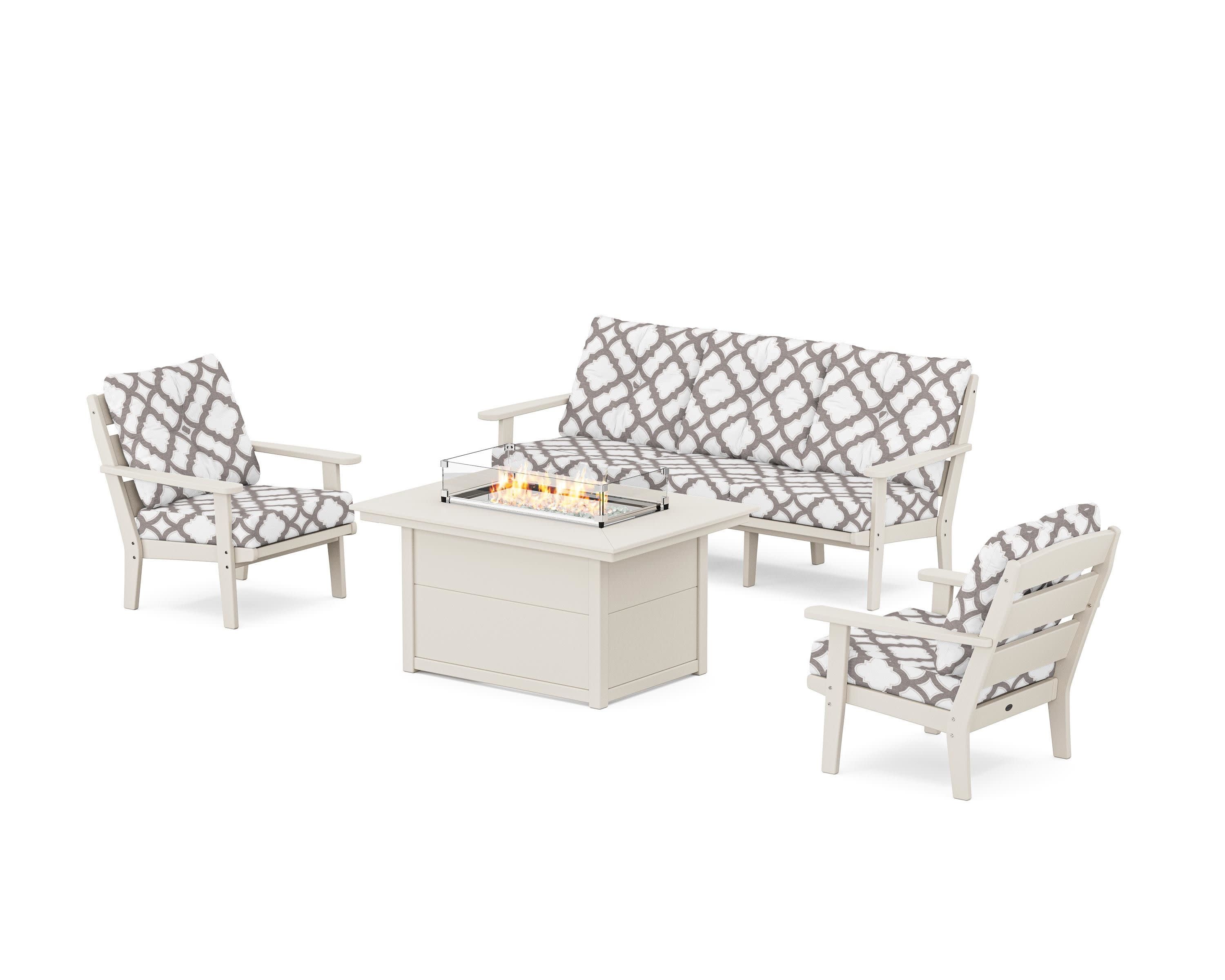 Lakeside Deep Seating Fire Pit Table Set in Sand / Trellis Grey Mist