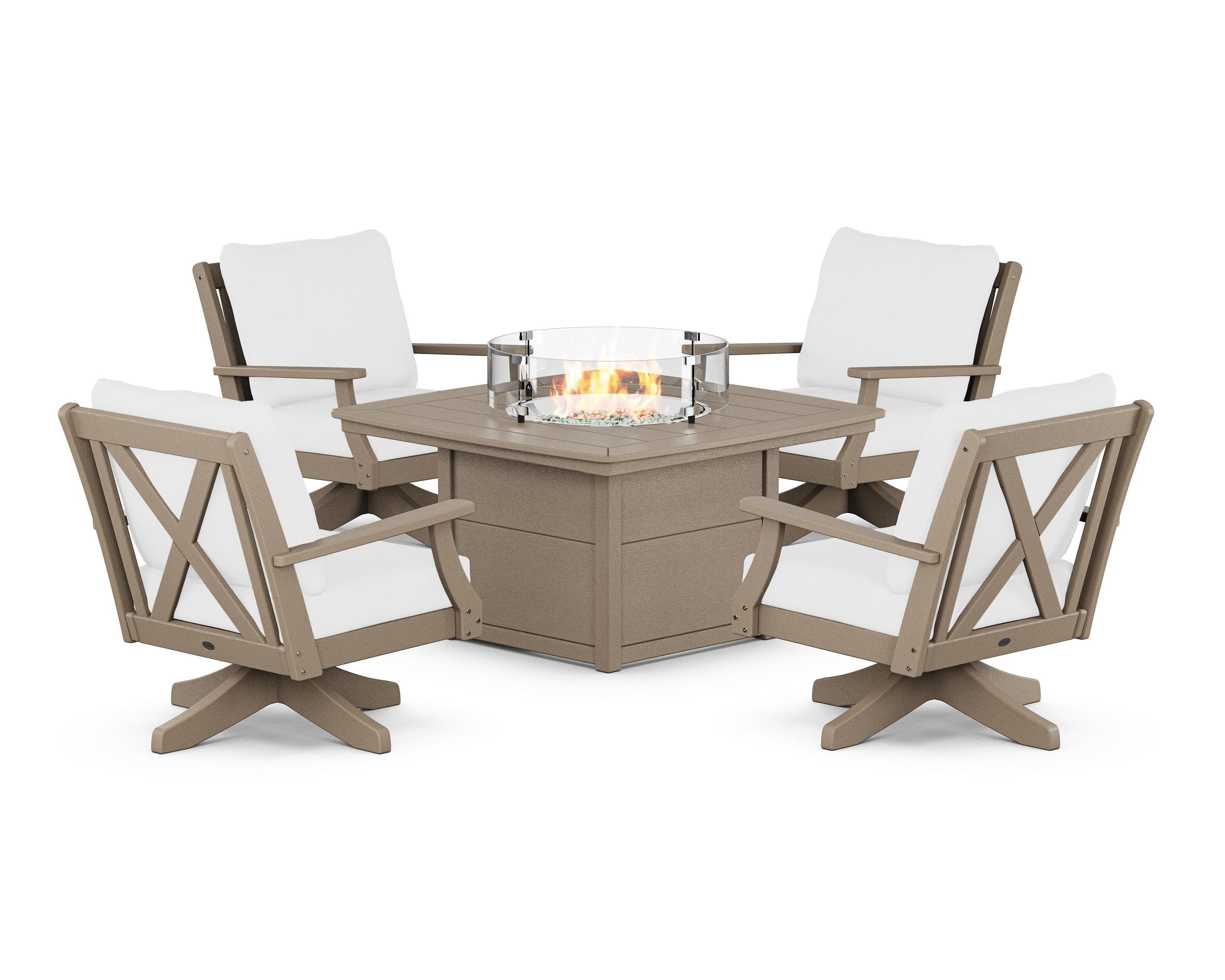 Braxton 5-Piece Deep Seating Swivel Conversation Set with Fire Pit Table in Vintage Sahara / Natural