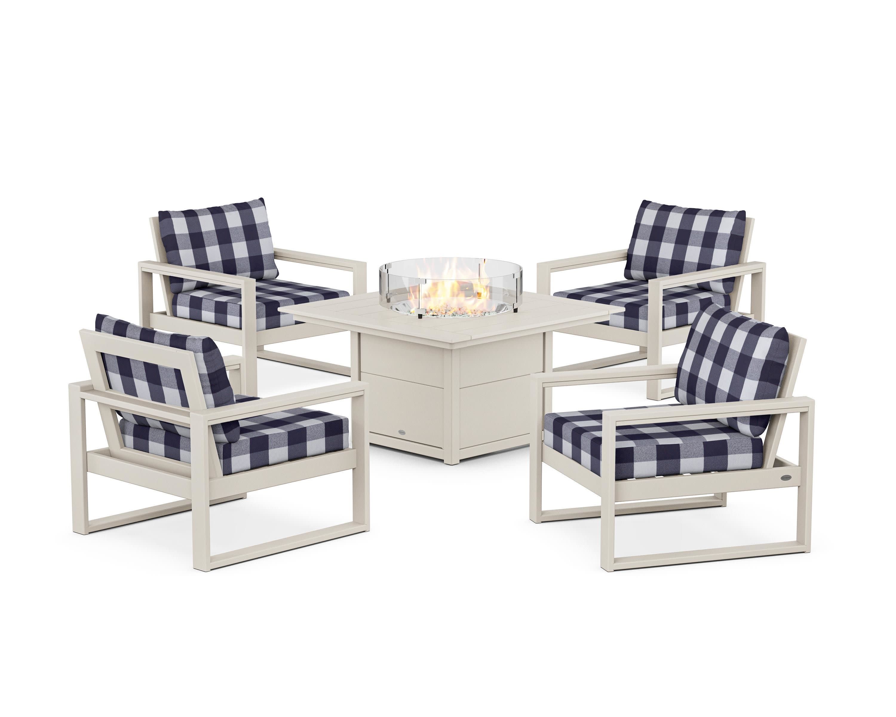EDGE Sectional 5-Piece Deep Seating Set with Fire Pit Table in Sand / Buffalo Plaid Navy