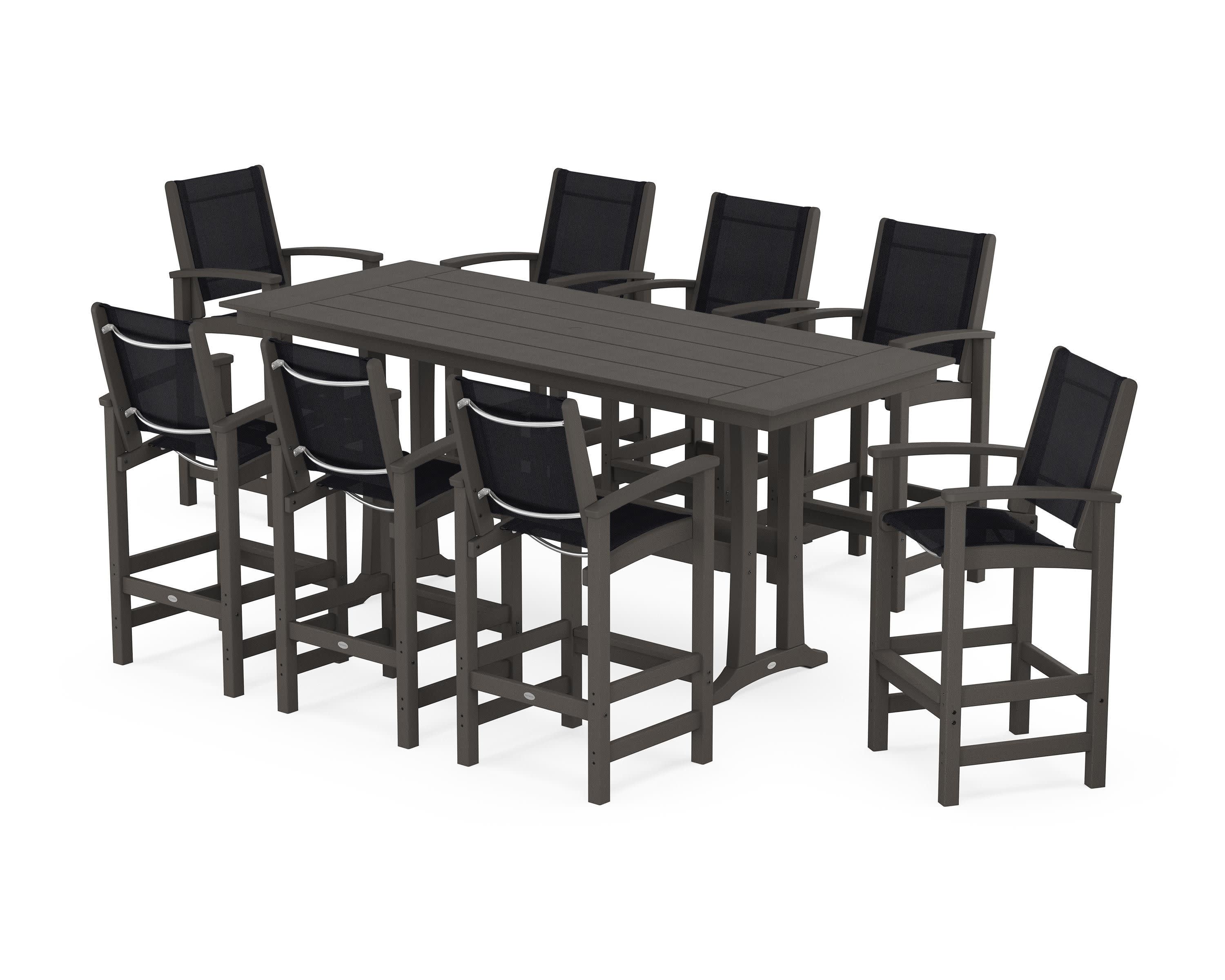 Coastal 9-Piece Farmhouse Bar Set with Trestle Legs in Vintage Coffee / Black Sling