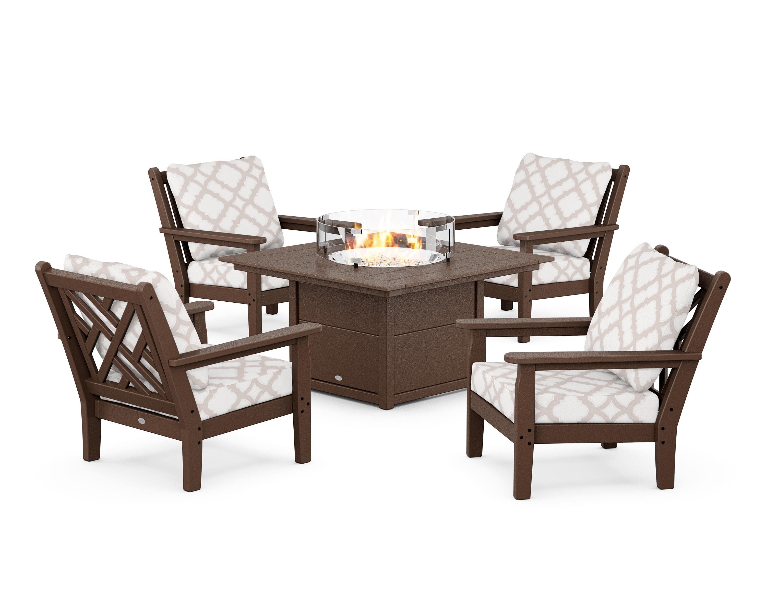 Chippendale 5-Piece Deep Seating Set with Fire Pit Table in Mahogany / Trellis Dune Burlap