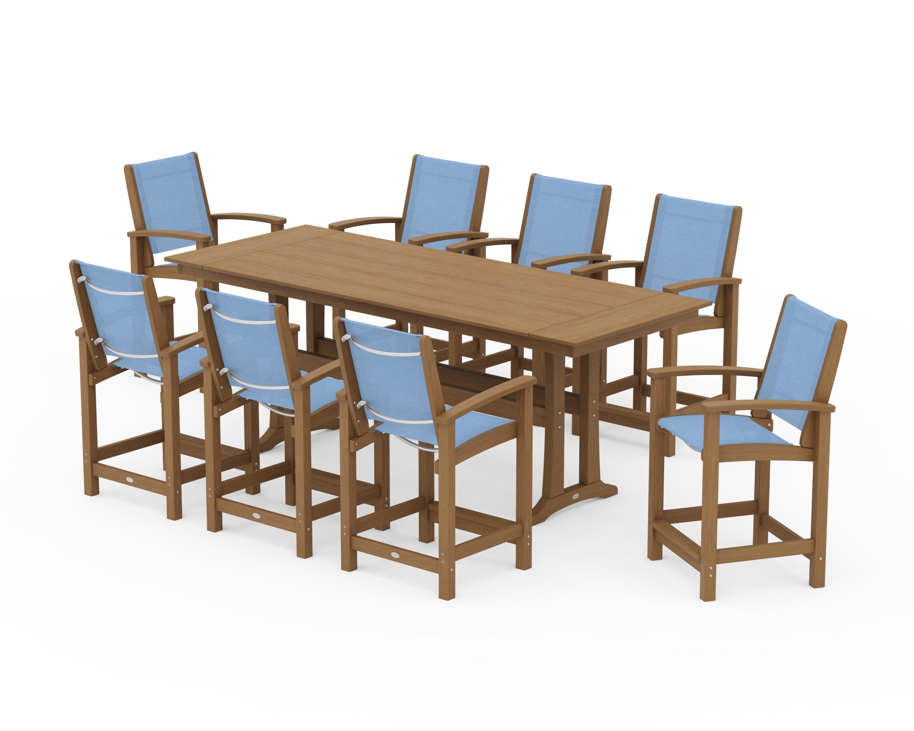 Coastal 9-Piece Farmhouse Counter Set with Trestle Legs in Natural / Poolside Sling
