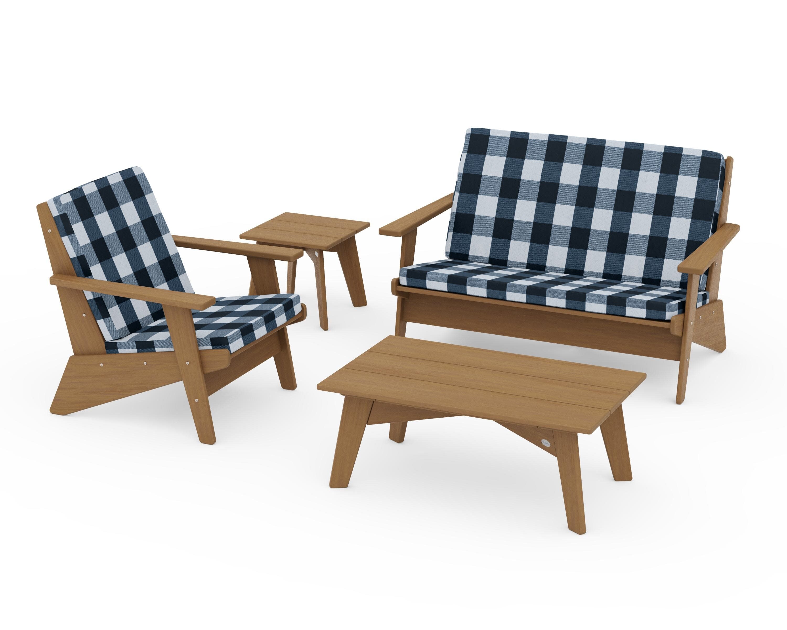 Riviera Modern Lounge 4-Piece Set in Natural / Buffalo Plaid Marine Indigo