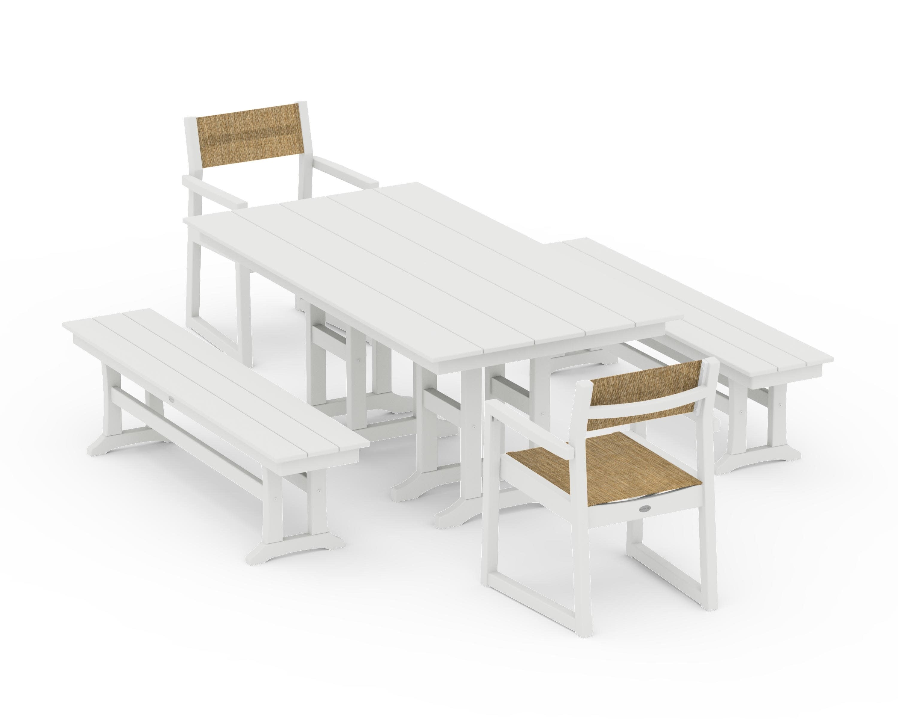EDGE Sling Arm Chair 5-Piece Farmhouse Dining Set with Benches in Vintage White / Burlap Sling