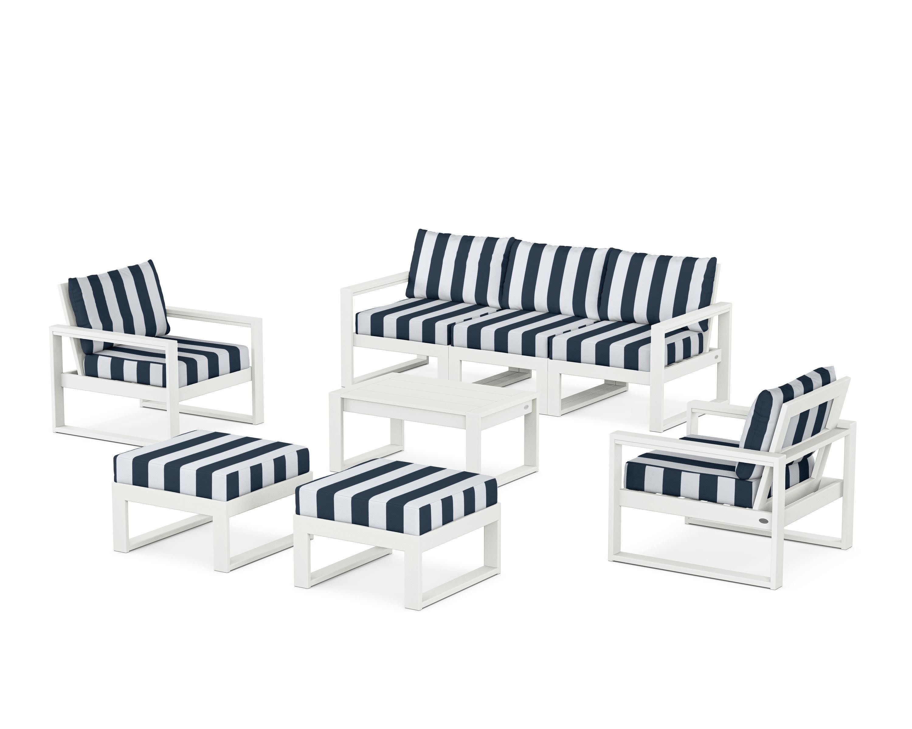 EDGE Sectional 8-Piece Lounge Sofa Set in Vintage White / Cabana Stripe Marine Indigo