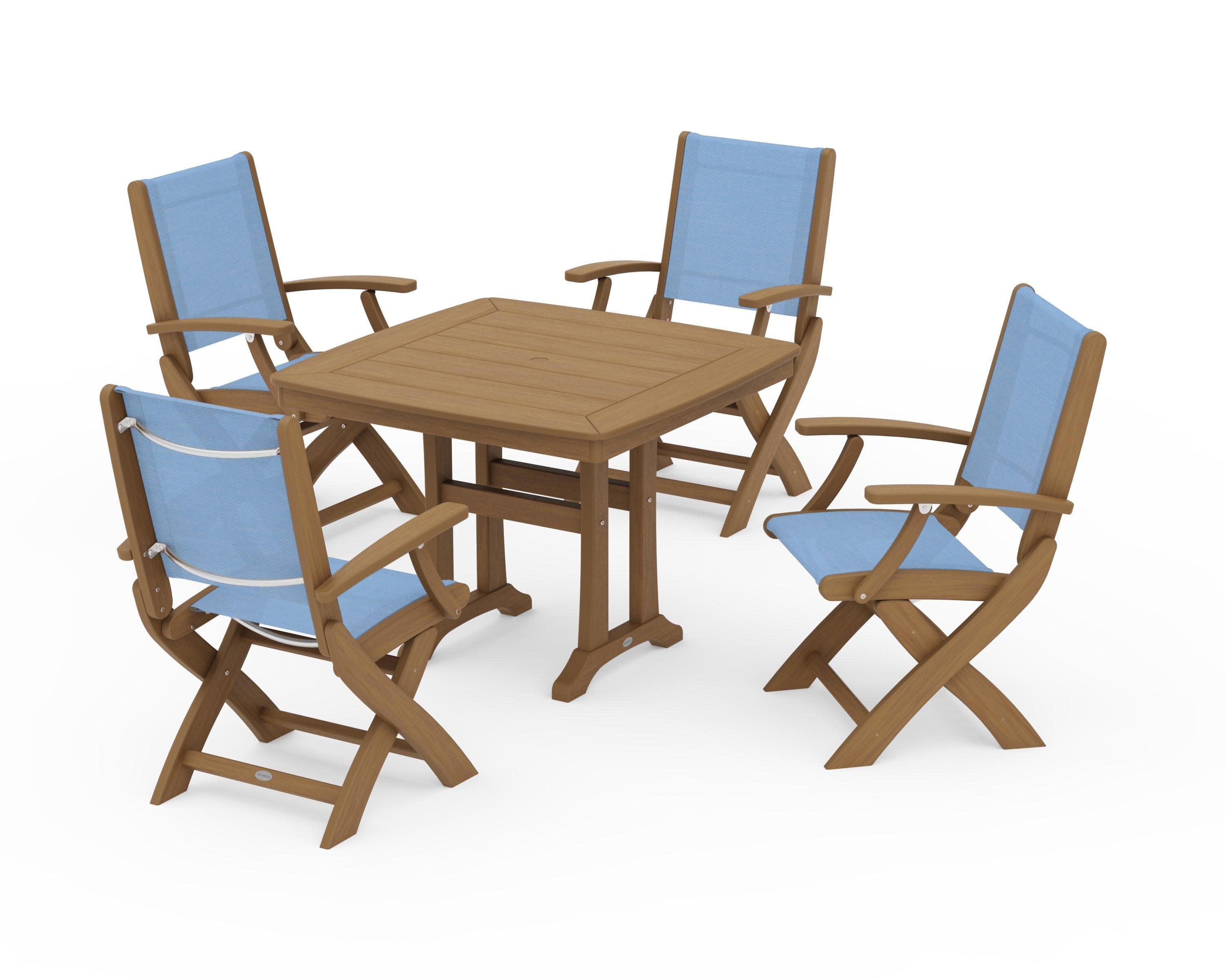 Coastal Folding Chair 5-Piece Dining Set with Trestle Legs in Natural / Poolside Sling