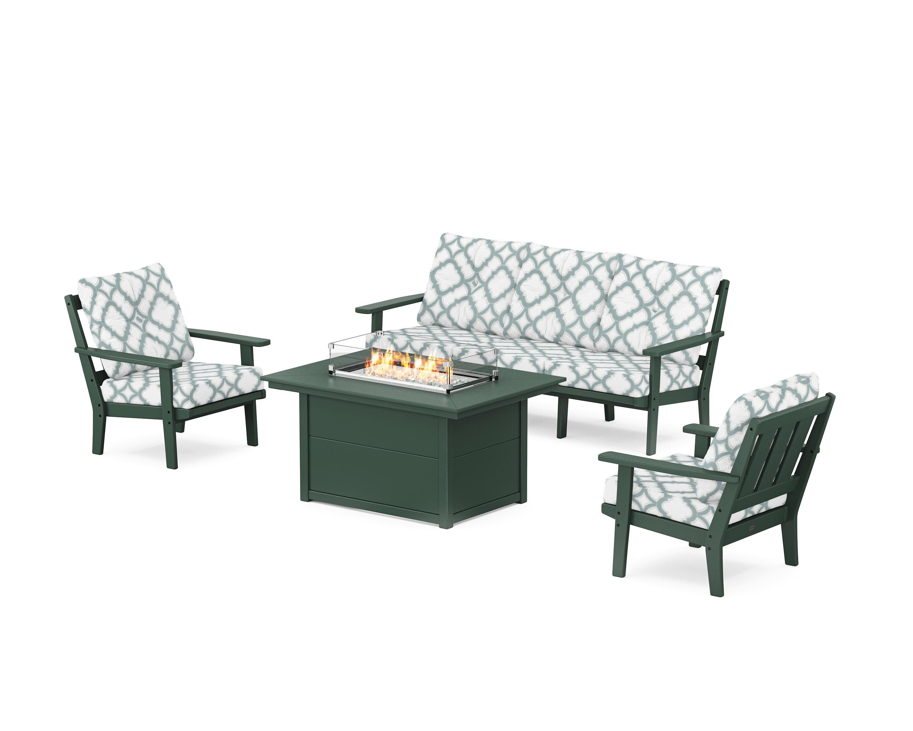 Oxford Deep Seating Fire Pit Table Set in Green / Trellis Glacier Spa