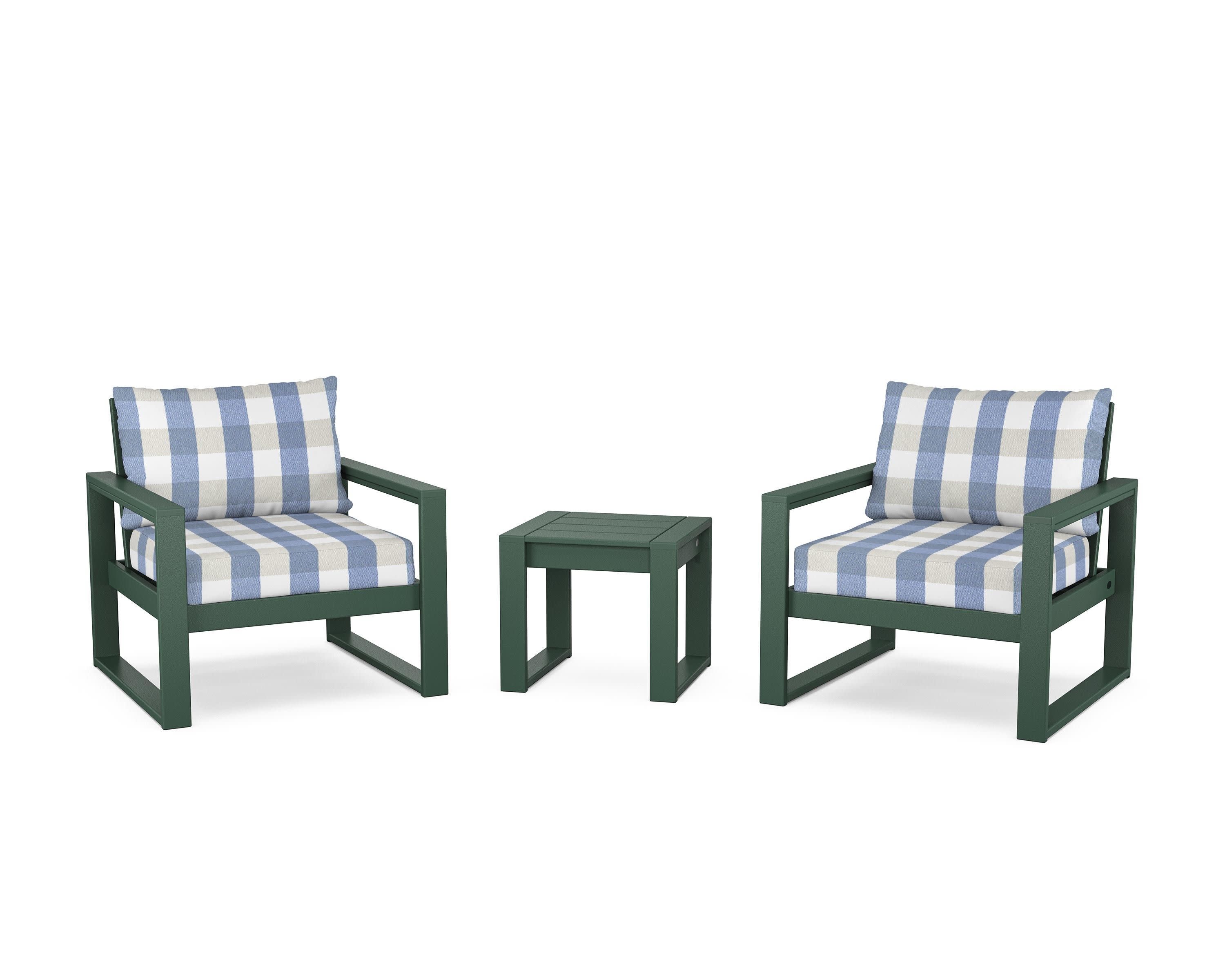 EDGE Sectional 3-Piece Deep Seating Set in Green / Buffalo Plaid Sky Blue