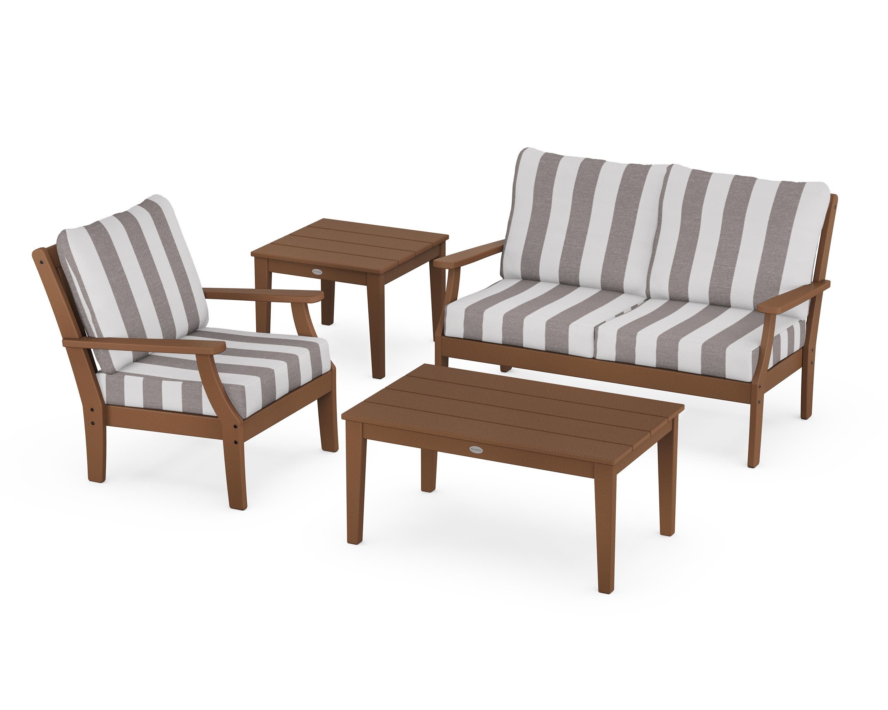 Braxton 4-Piece Deep Seating Set in Teak / Cabana Stripe Grey Mist