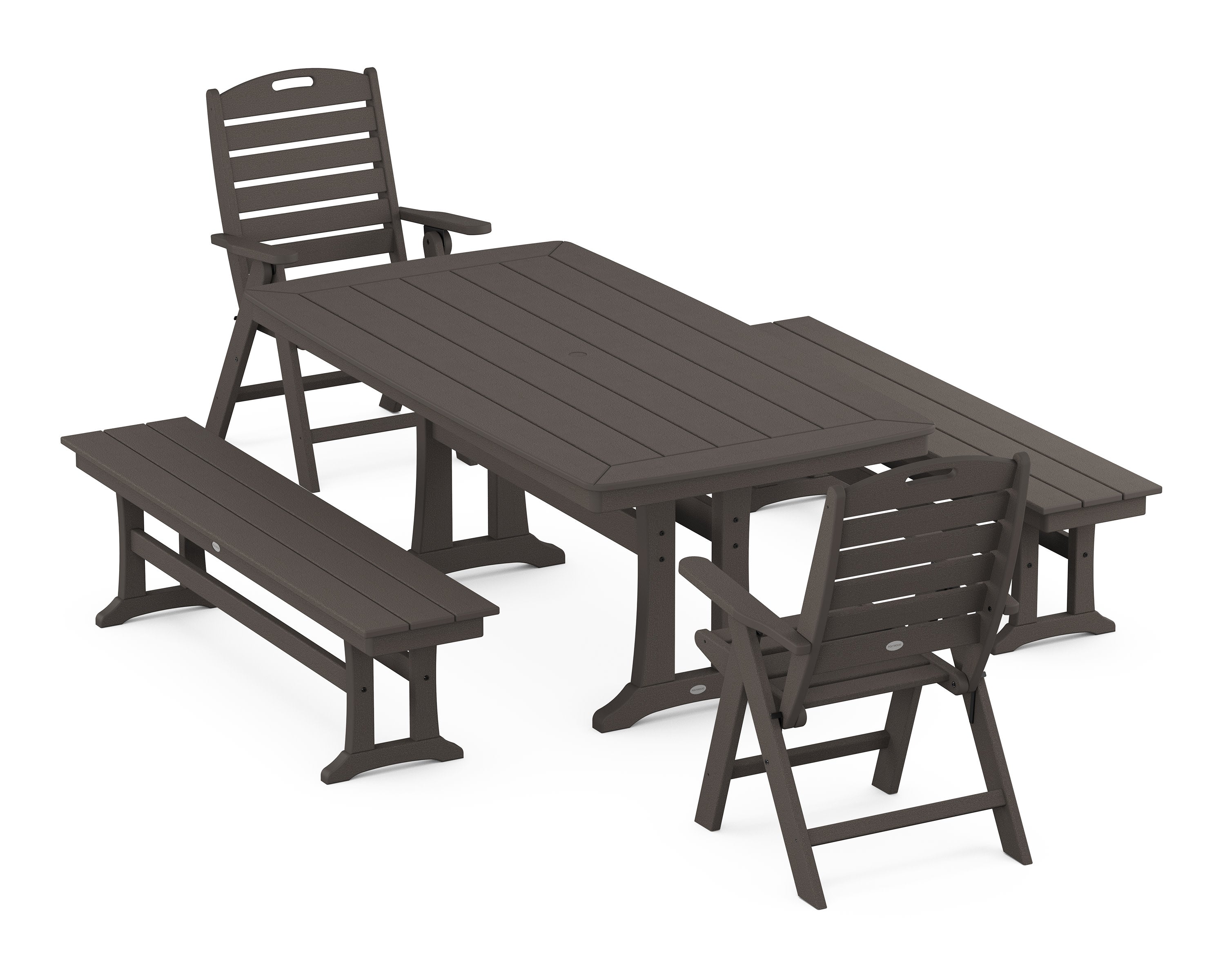 Nautical Folding Highback Chair 5-Piece Dining Set with Trestle Legs and Benches in Vintage Coffee