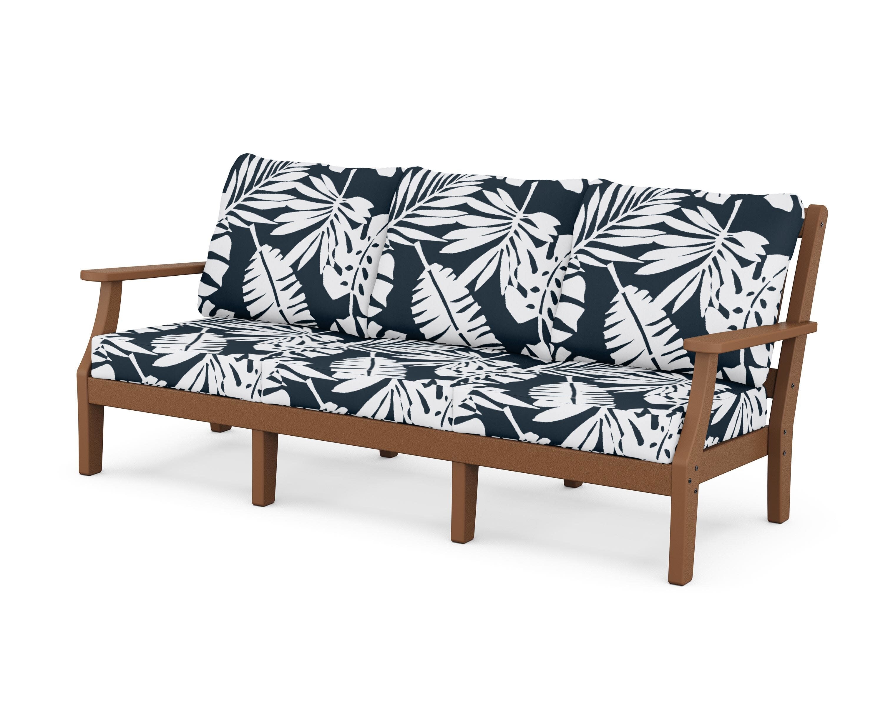 Chinoiserie Deep Seating Sofa in Teak / Leaf Marine Indigo