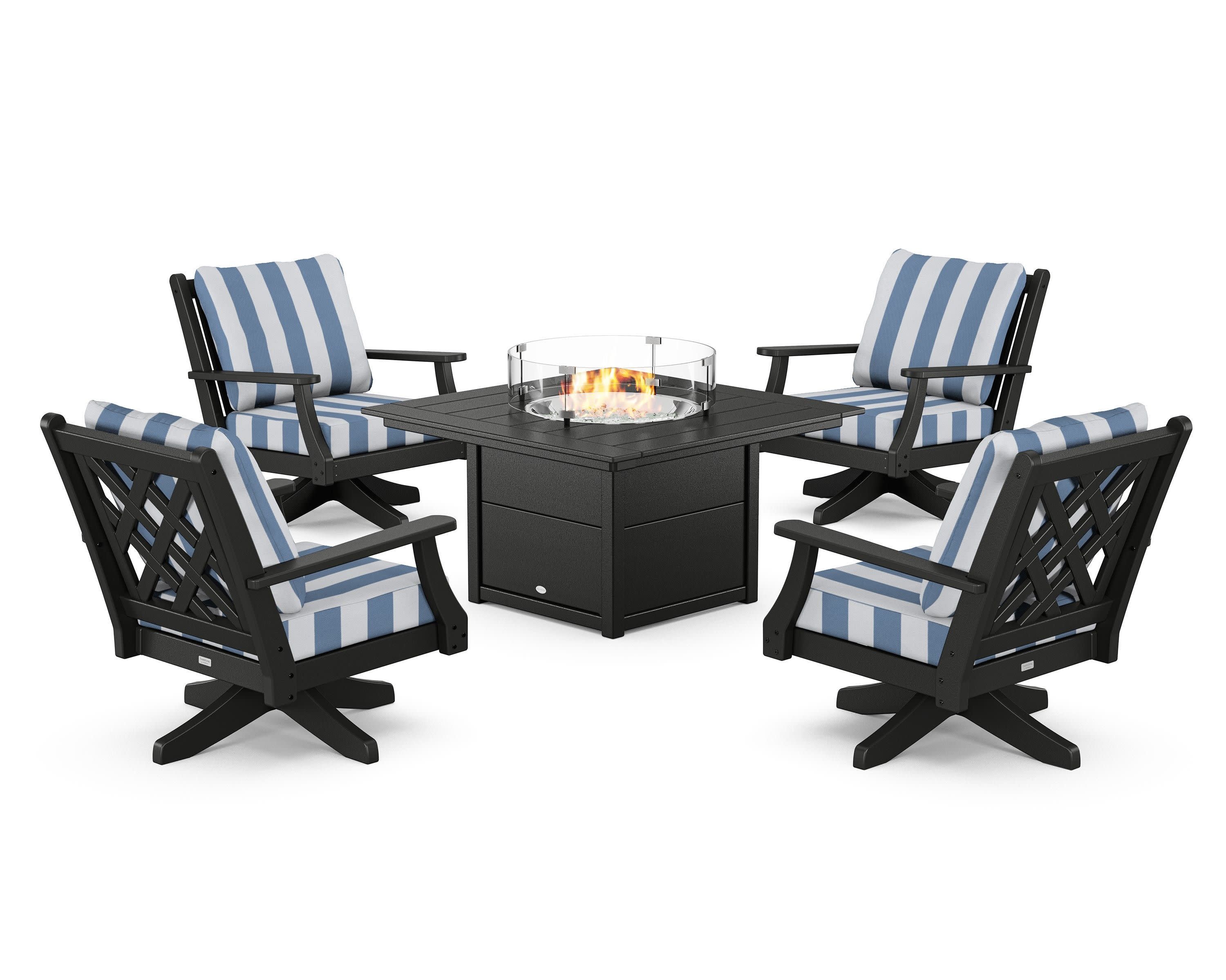 Wovendale 5-Piece Deep Seating Swivel Conversation Set with Fire Pit Table in Black / Cabana Stripe Sky Blue