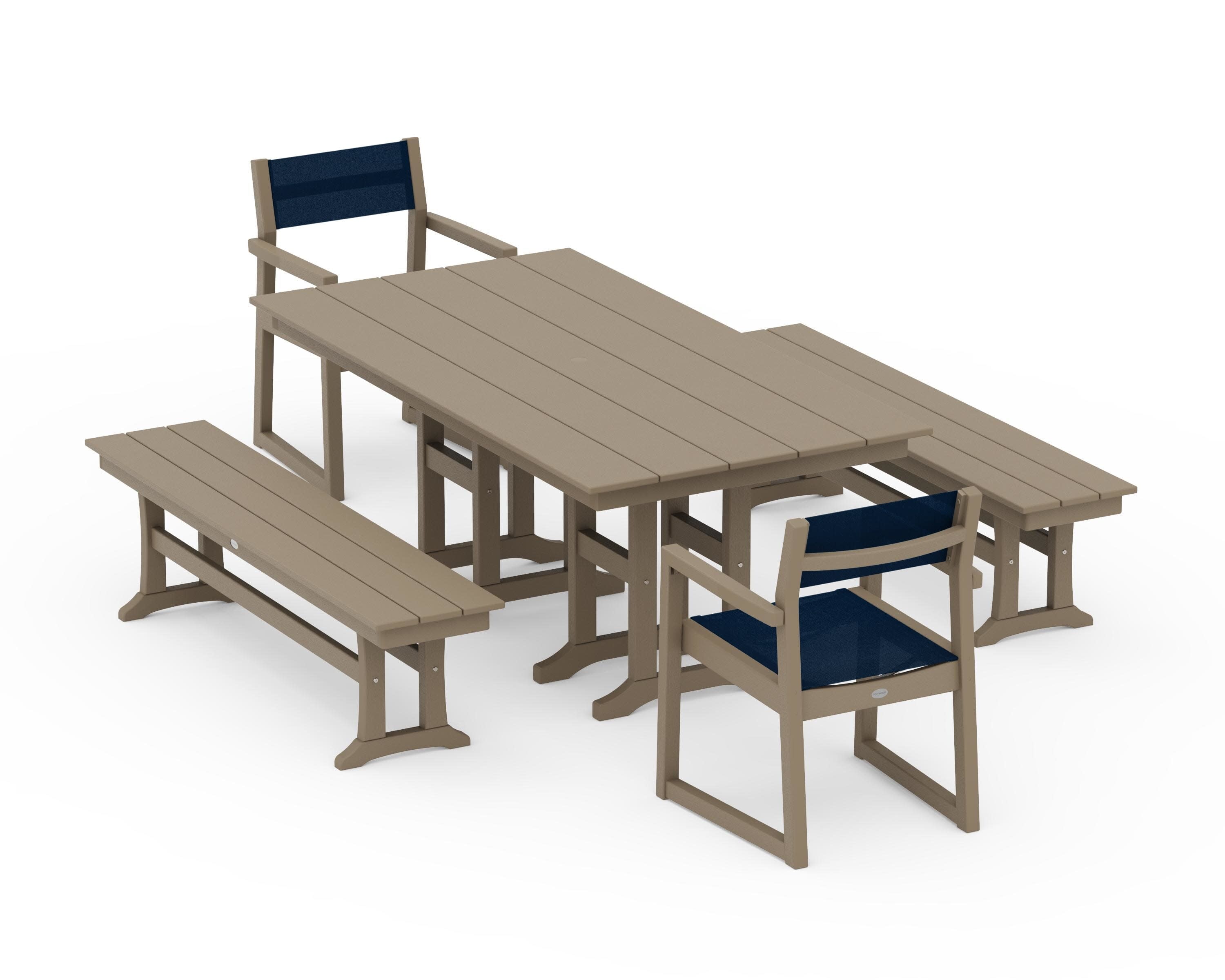 EDGE Sling Arm Chair 5-Piece Farmhouse Dining Set with Benches in Vintage Sahara / Navy Blue Sling