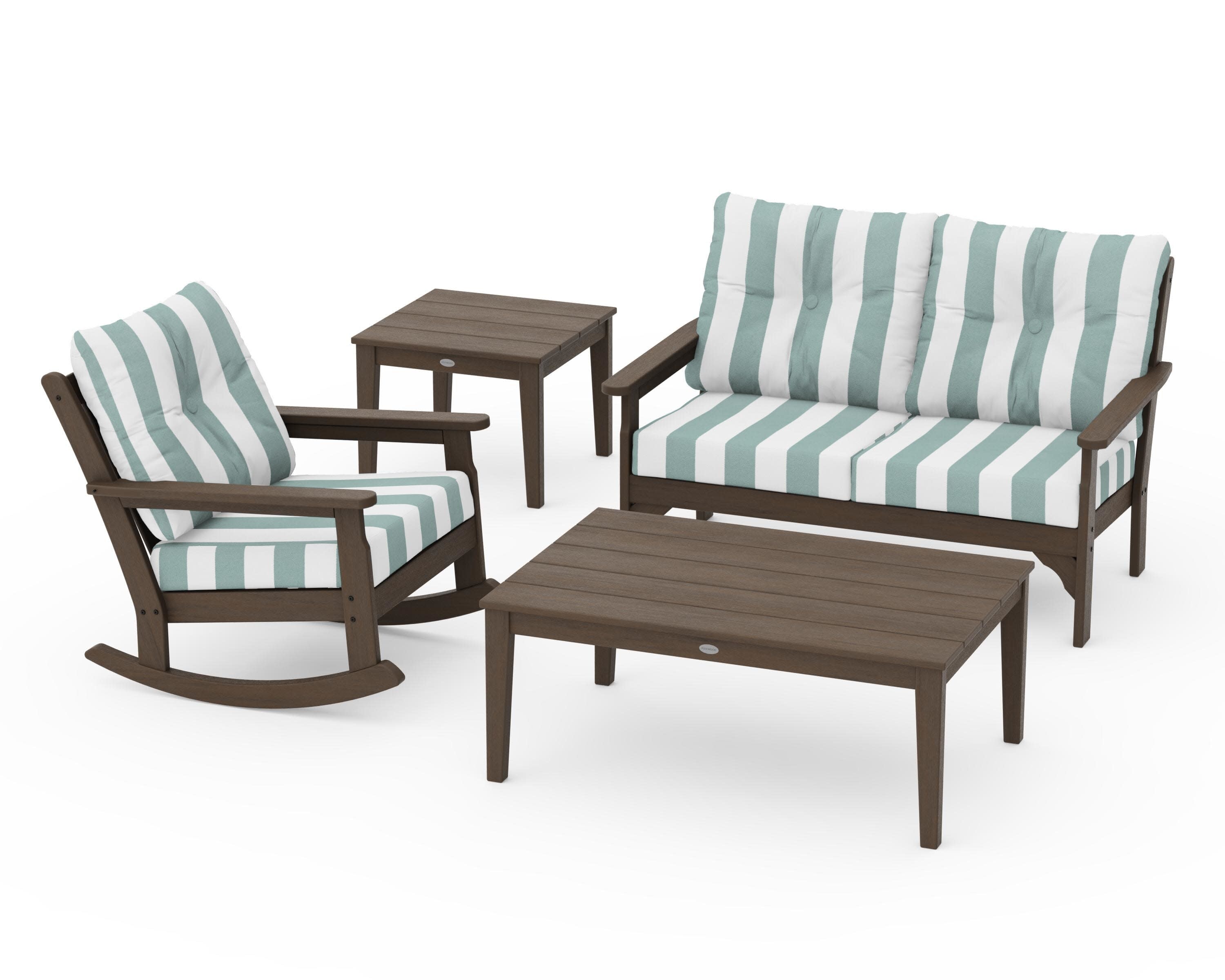 Vineyard 4-Piece Deep Seating Rocker Set in Kona / Cabana Stripe Glacier Spa