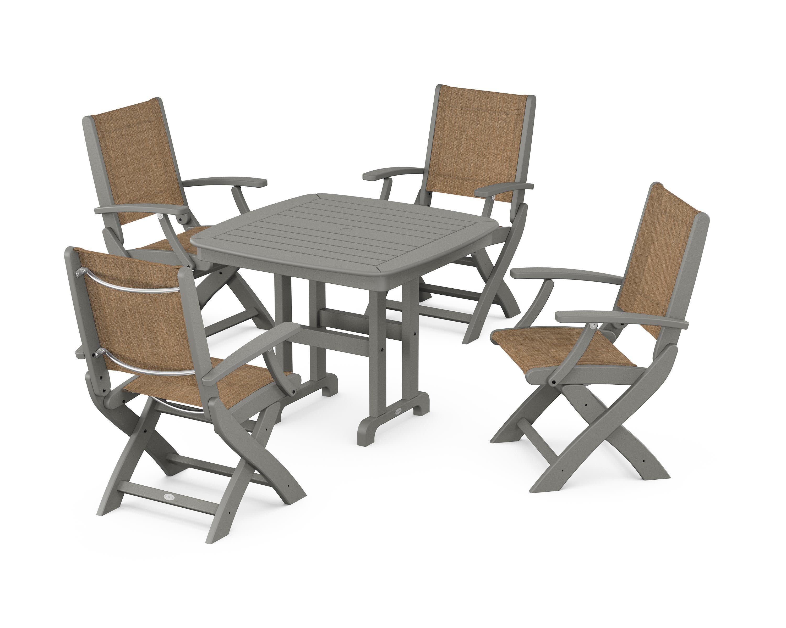 Coastal Folding Chair 5-Piece Dining Set in Slate Grey / Burlap Sling