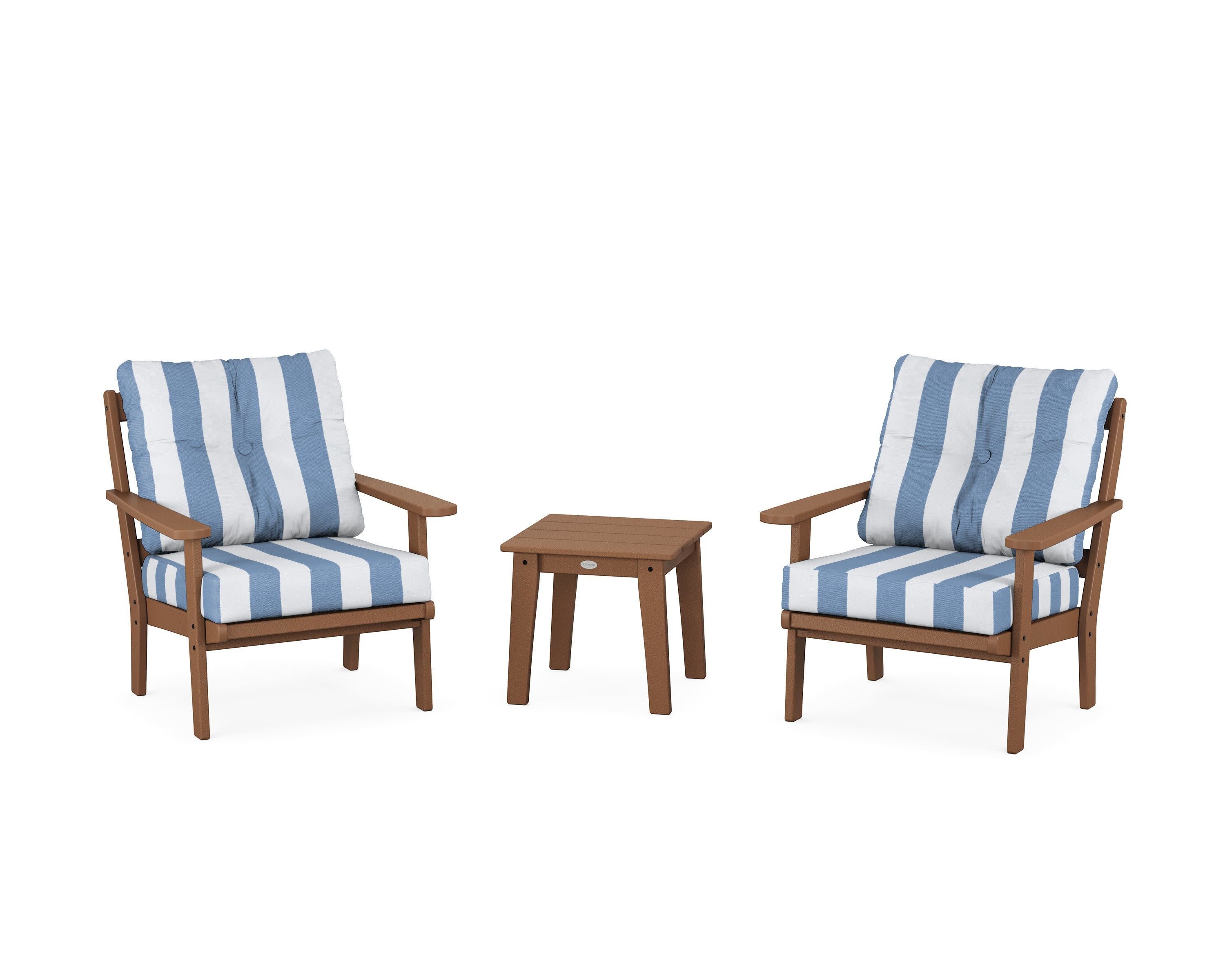 Mission 3-Piece Deep Seating Set in Teak / Cabana Stripe Sky Blue