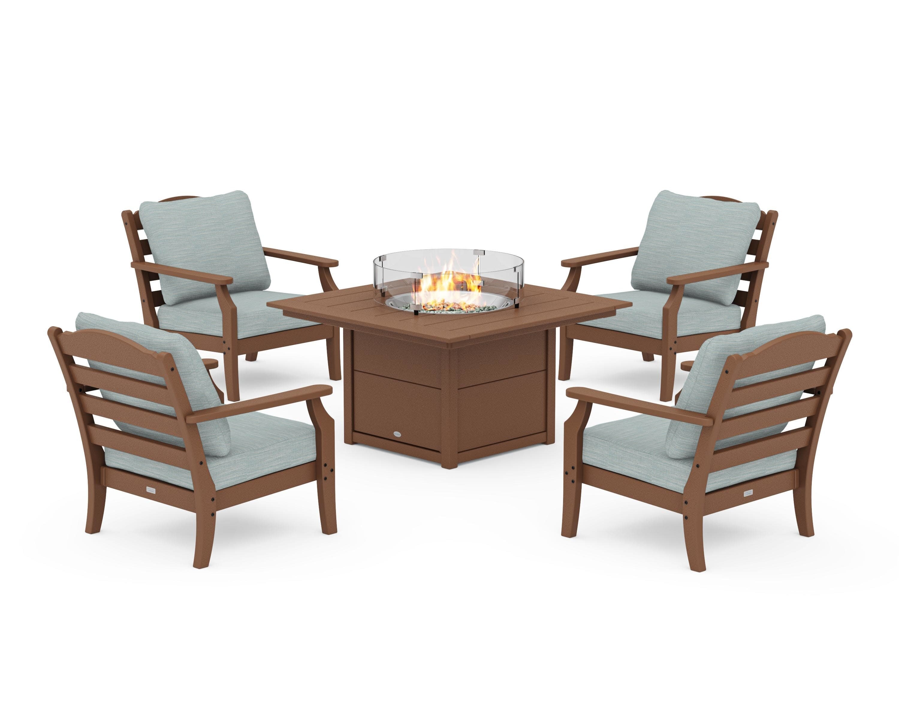 Savannah 5-Piece Deep Seating Set with Fire Pit Table in Teak / Soothe Mist