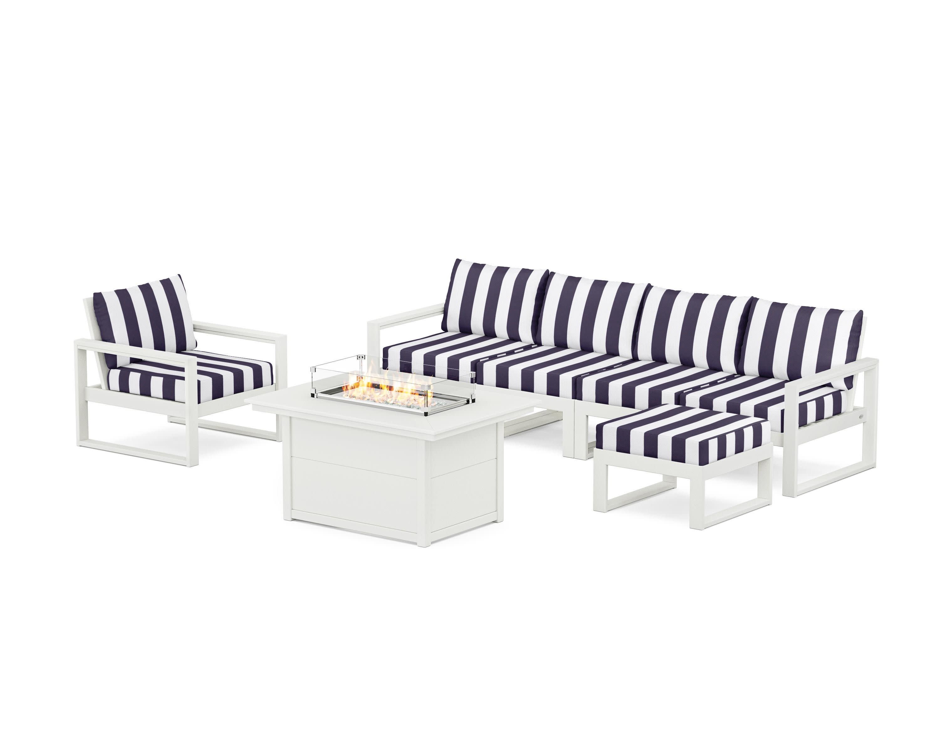 EDGE Sectional Lounge and Fire Pit Set in Vintage White / Cabana Stripe Navy
